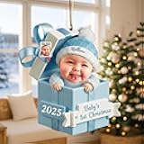 NAZENTI Custom Photo Baby’s 1st Christmas Personalized Acrylic Ornament 2025, Baby 3D Effect Inside Gift Box Design, Funny Newborn Keepsake Gift Hanging Decoration for New Parents