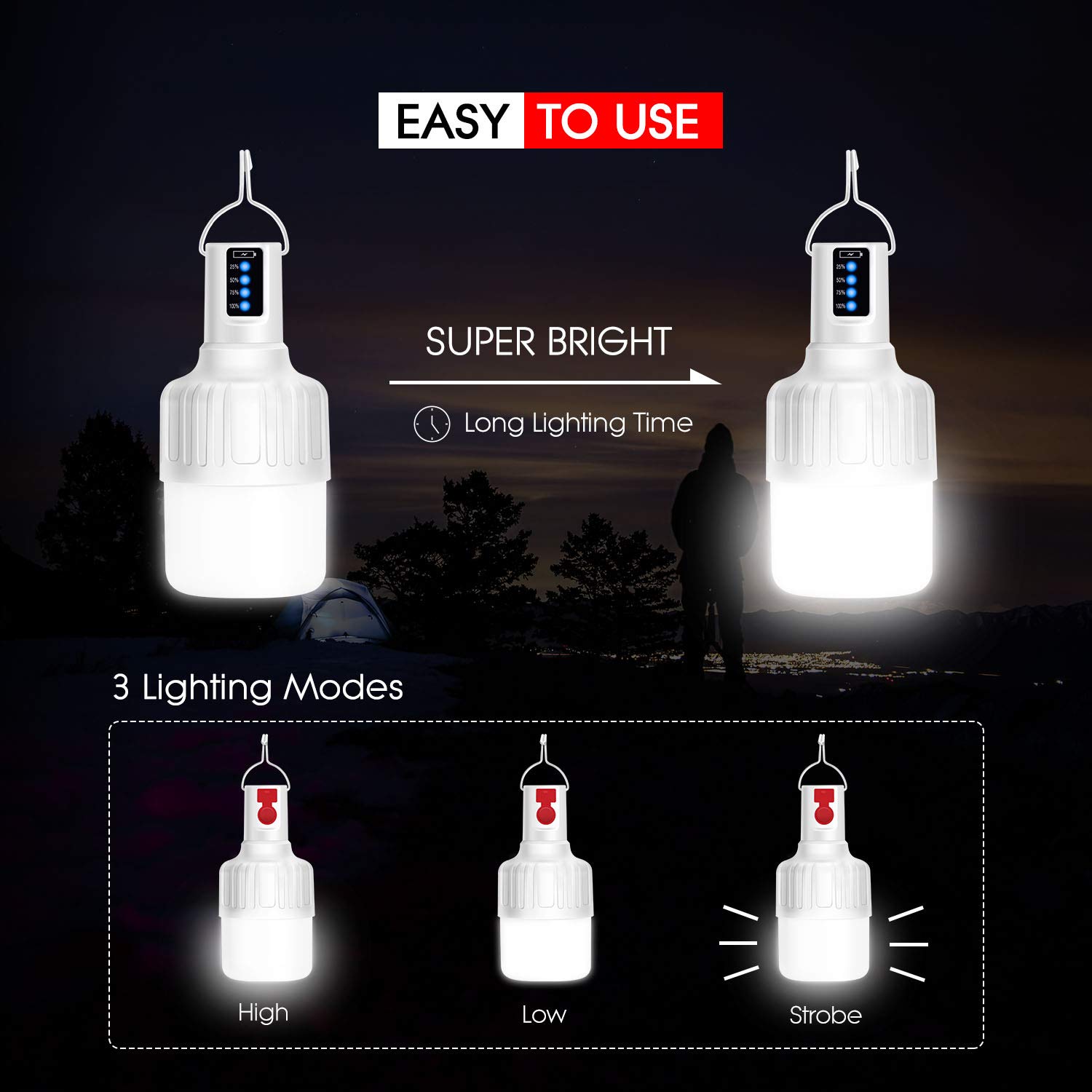 WdtPro - Lanterna da campeggio a LED ricaricabile, 4 pezzi, super luminosa, portatile, con 3 modalità di luce, torcia perfetta per uragano, emergenza, kit di sopravvivenza, escursionismo, pesca