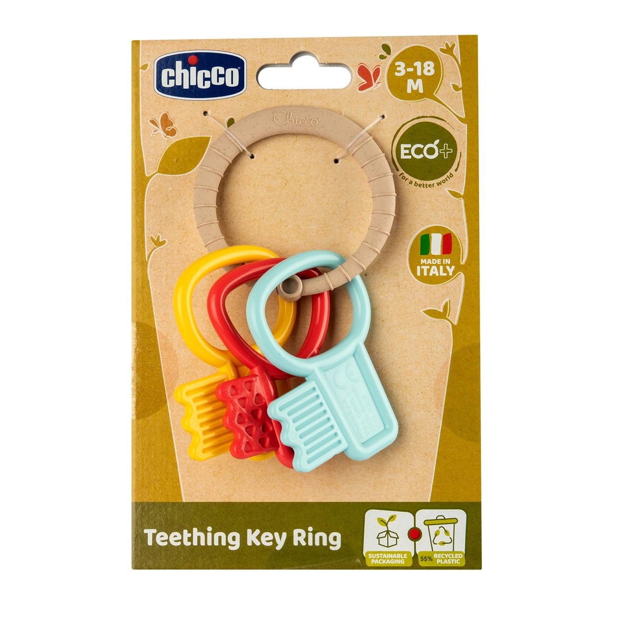 Chicco Eco+ Kolorowa Zabawka na Klucze, Chwytak na Klucze z Recyklingowanego Plastiku, Kolorowy Pęczek Kluczy, Wrażenia Dotykowe i Stymulacja Dziąseł, 3-18 miesięcy