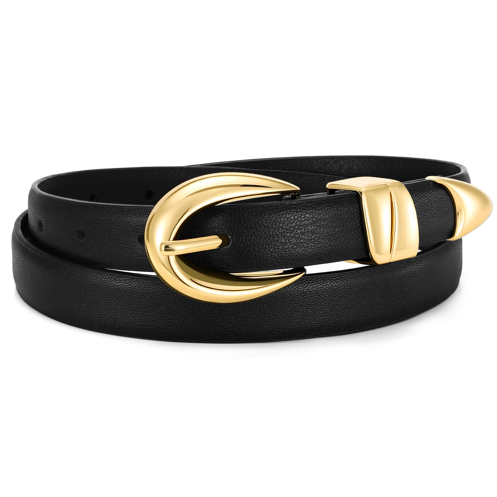 Women Skinny Leather Belt for Jeans Pants Dresses Fashion Ladies Waist Belt with Gold Buckle