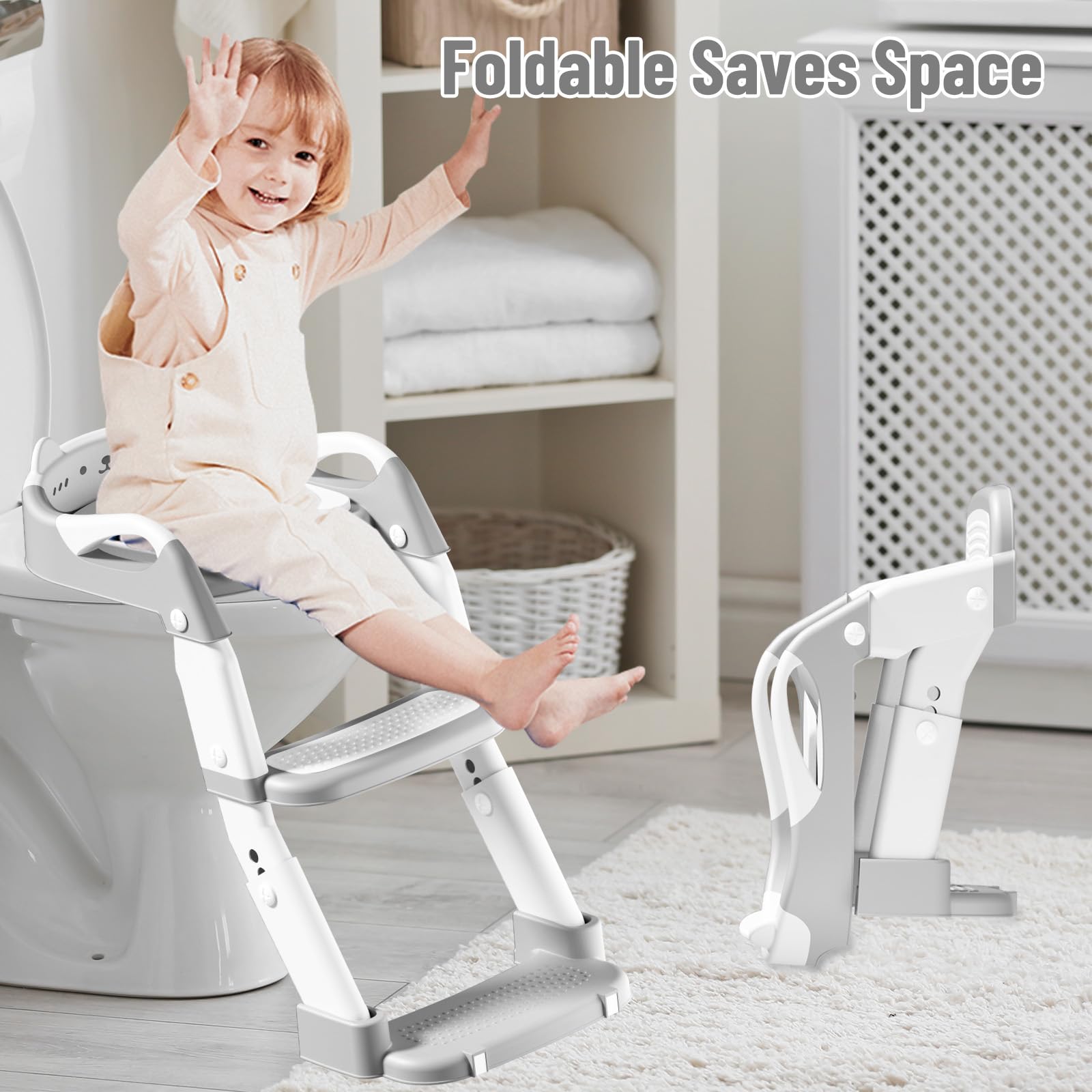 Reducteur Toilette Enfant, Siège Toilette Enfants 3 en 1 Trainer Pot WC, Siège de Toilette, Rehausseur Toilette Enfant avec Coussin pour Enfants Garçons et Filles, Réglable en Hauteur (Gris)