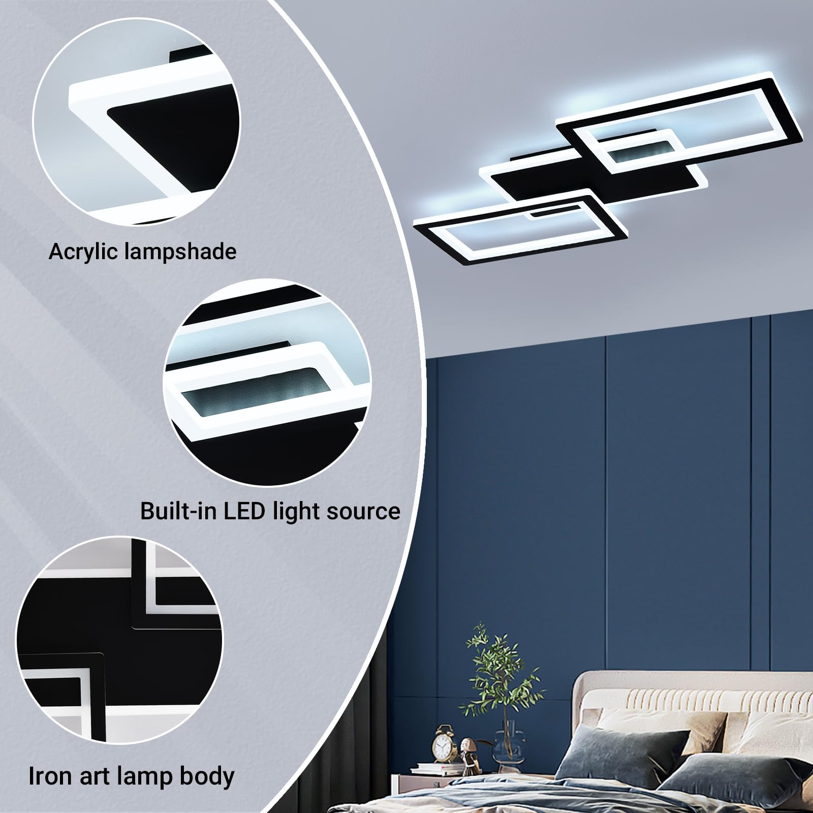 Lámpara de Techo LED Moderna Lámpara de Techo para Salón de 36W Blanco Frío 6000K, 54cm de Acrílico Negro con Montaje Plano para Dormitorio y Oficina