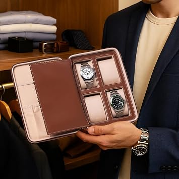 Bey-Berk Drake Leather 4-Slot Travel Watch Case (Brown), Compact Zippered Watch Organizer with Divider and Storage Pocket