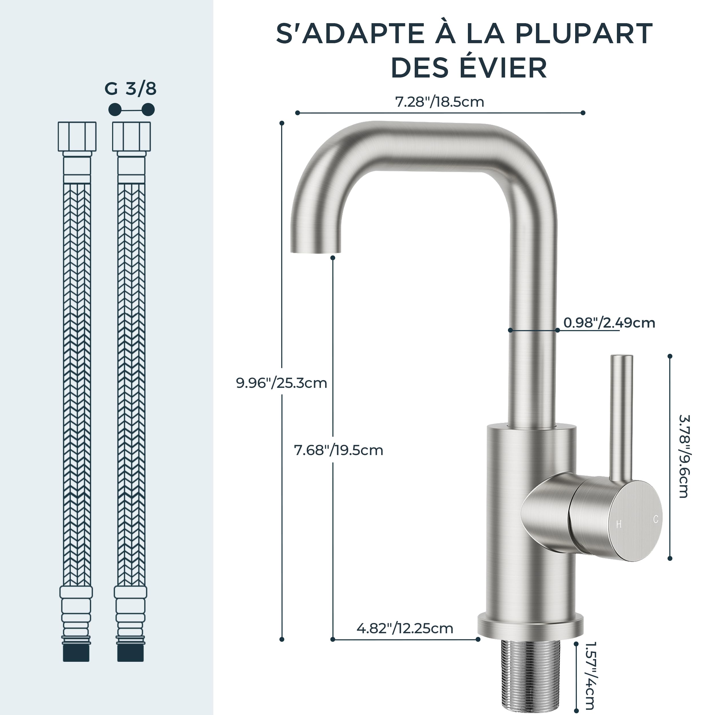 FORIOUS Robinet Salle de Bain Pivotant à 360°, Mitigeur pour Eau Chaude/Froide，Mitigeur en Acier Inoxydable Facile à Installer pour Salle de Bain Lavabo,Inox
