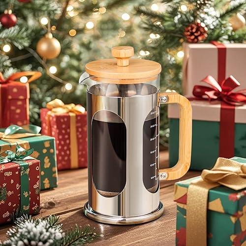 Miniatura 6 de Sivaphe Cafetera de prensa francesa sin plástico de 34 onzas, tapa de bambú de vidrio borosilicato y asa, prensa de té de café, 8 tazas, 33.8 fl oz