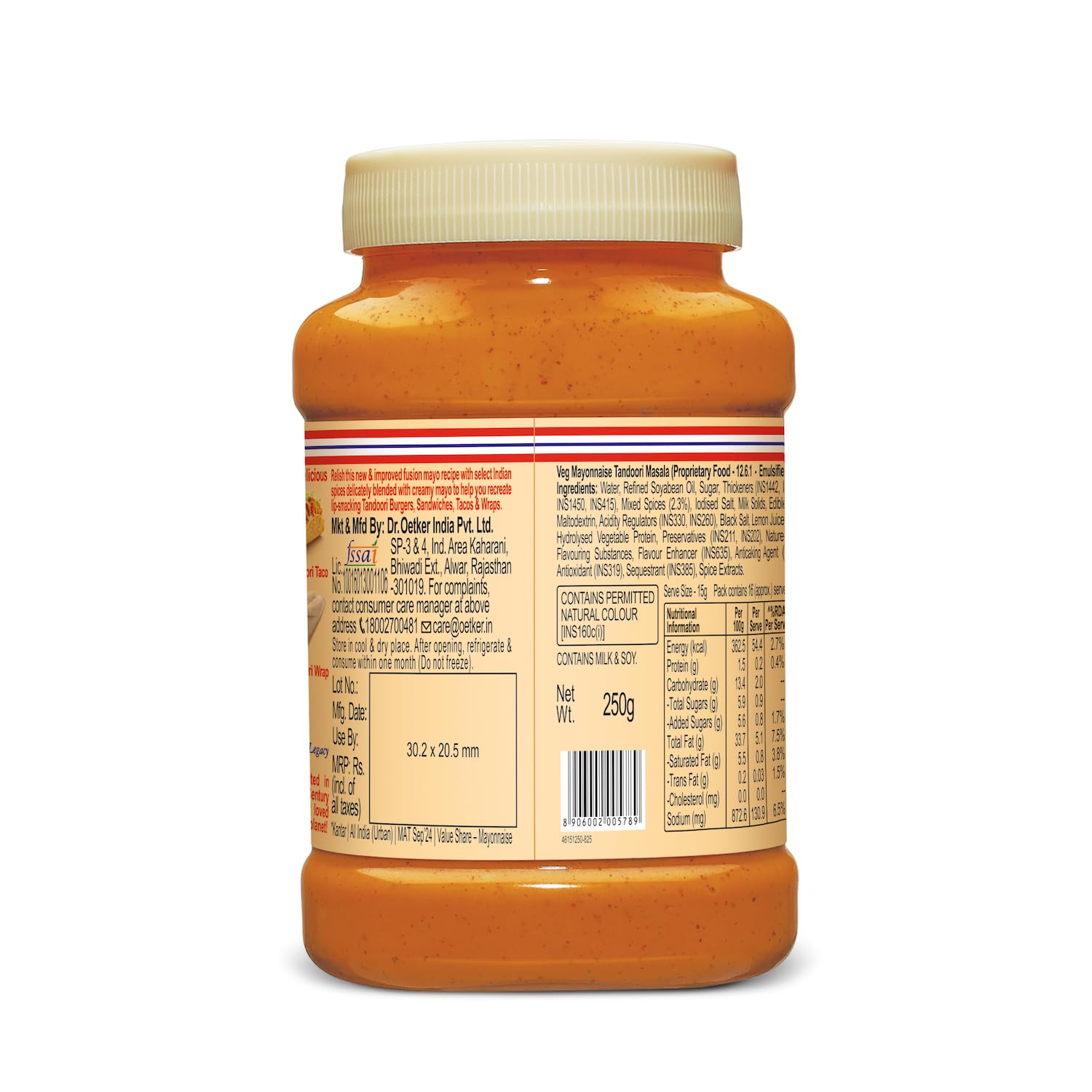 Dr. Oetker FunFoods Tandoori Masala Mayonnaise, 245g/250g | Desi-Style Creamy & Spicy Mayo | 100% Vegetarian | No Cholesterol or Trans Fat | Ideal for Sandwiches, Rolls, Wraps, Dips & Indian Street Snacks (weight may vary)