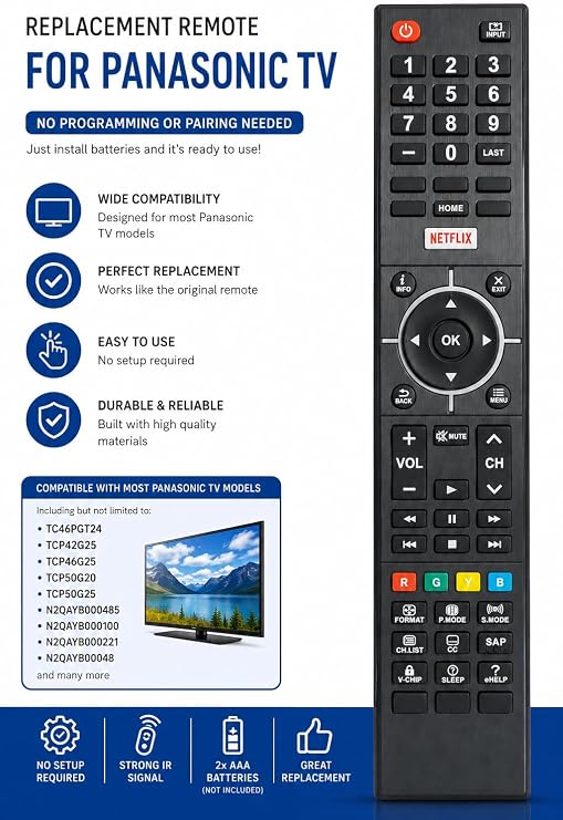 Universal for Panasonic TV Remote, Compatible with All Panasonic LCD LED QLED SUHD UHD HDTV Curved Plasma 4K 3D Smart TVs