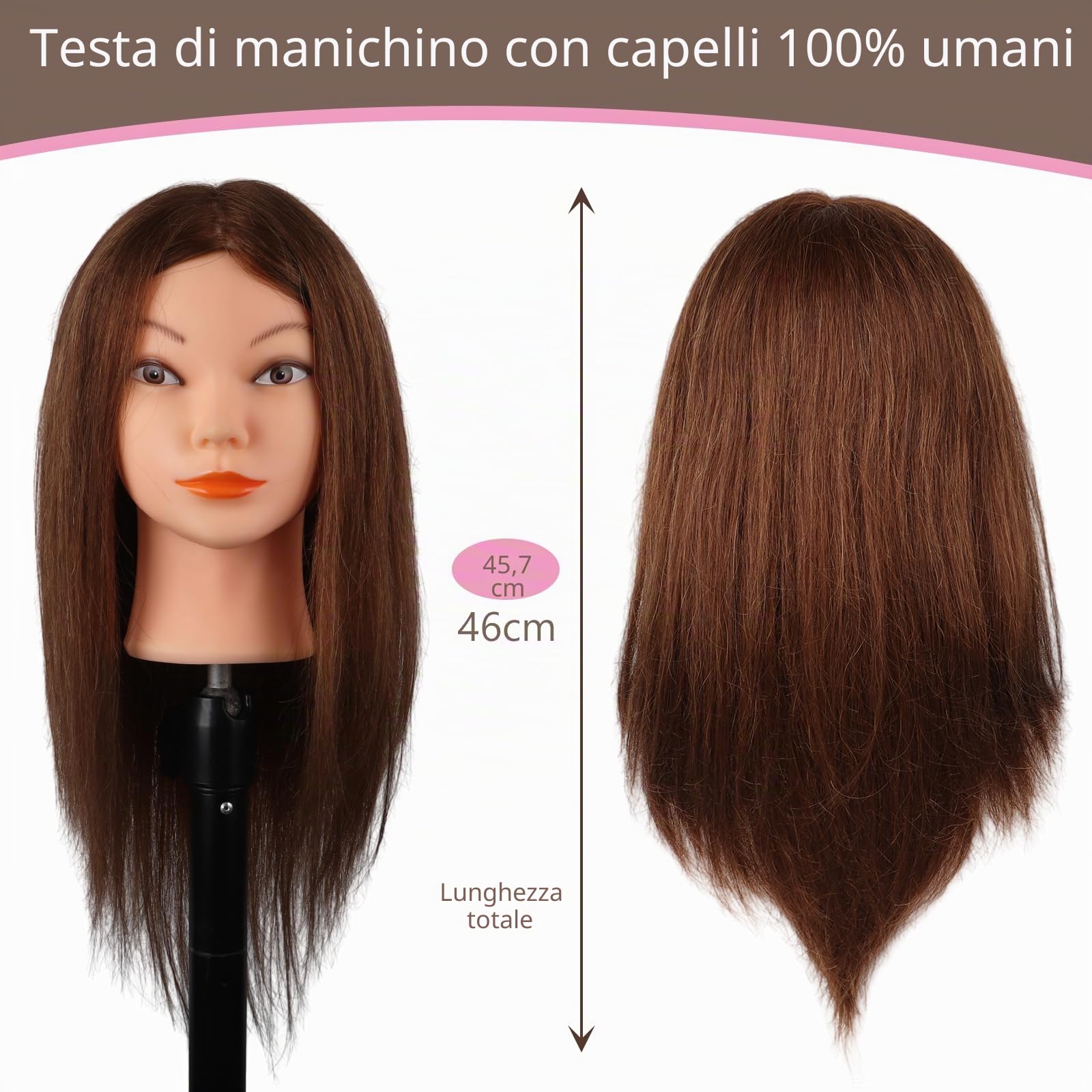 Testa per Parrucchieri Capelli Veri 100%, Testina Parrucchiere Manichino 46cm Marrone do Formazione Acconciature