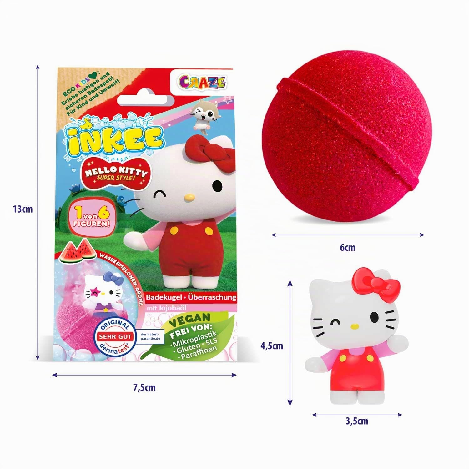 INKEE Hello Kitty – Bomba da bagno per bambini con sorpresa – 1 di 6 personaggi Hello Kitty da collezionare – Palla da bagno 80 g con aroma di anguria e olio di jojoba, rosa o rosso