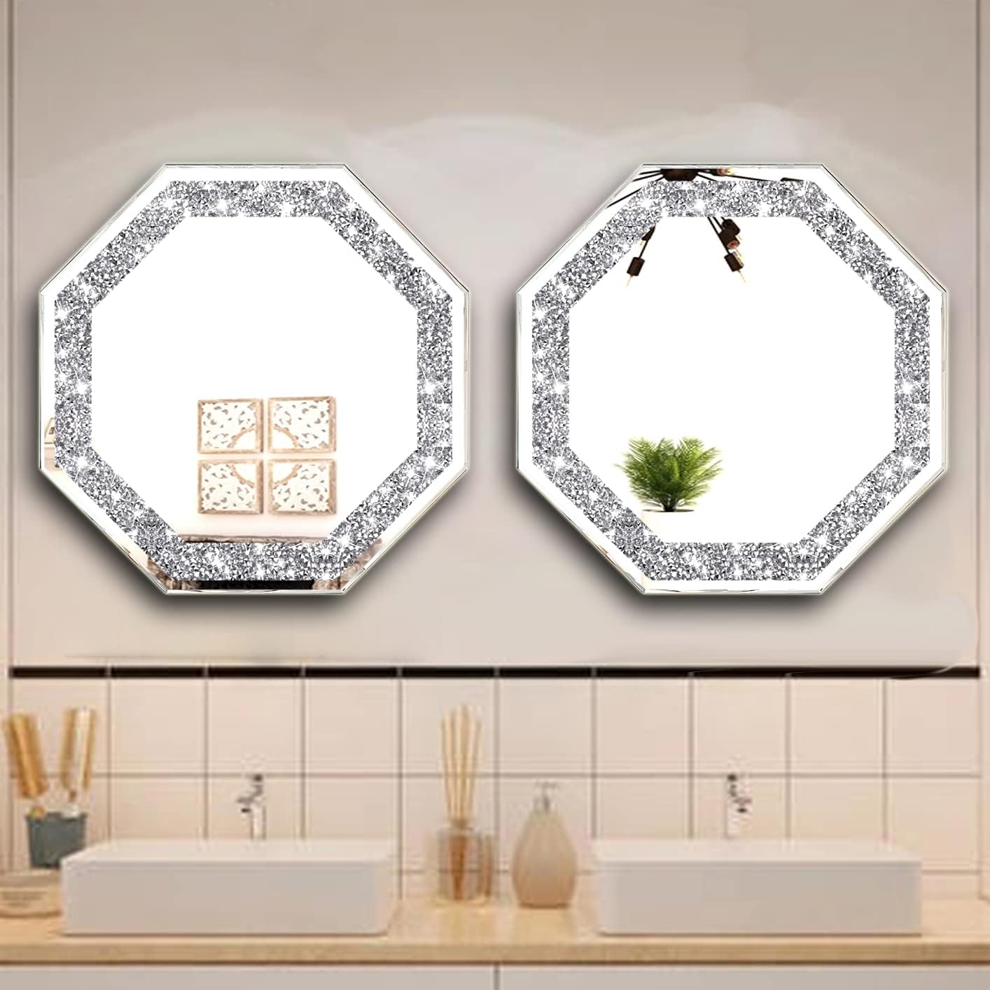 2 Piece Wall Mirrors Octagon, Crush Diamond Mirrors Wall Decor, Silver Decorative Mirrors for Living Room Decor, Bedroom, Bathroom. (12”x12”)