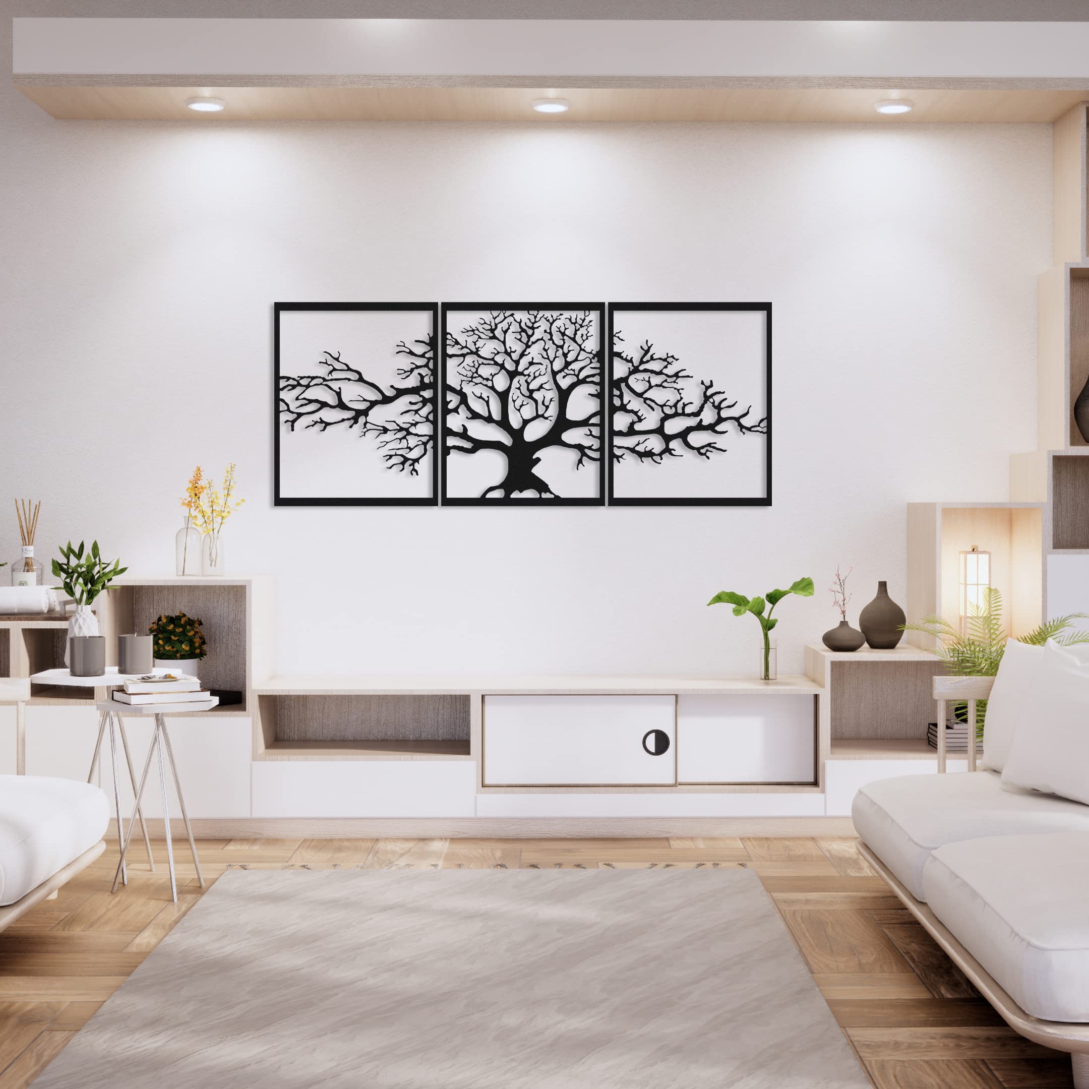 Arbre De Vie En Métal, Décoration Murale, Sculpture en métal 3D, Pour Maison, Bureau, Chambre à Coucher, Salon, Décoration extérieure, Grand lot de 3, Noir, (144x60 cm)