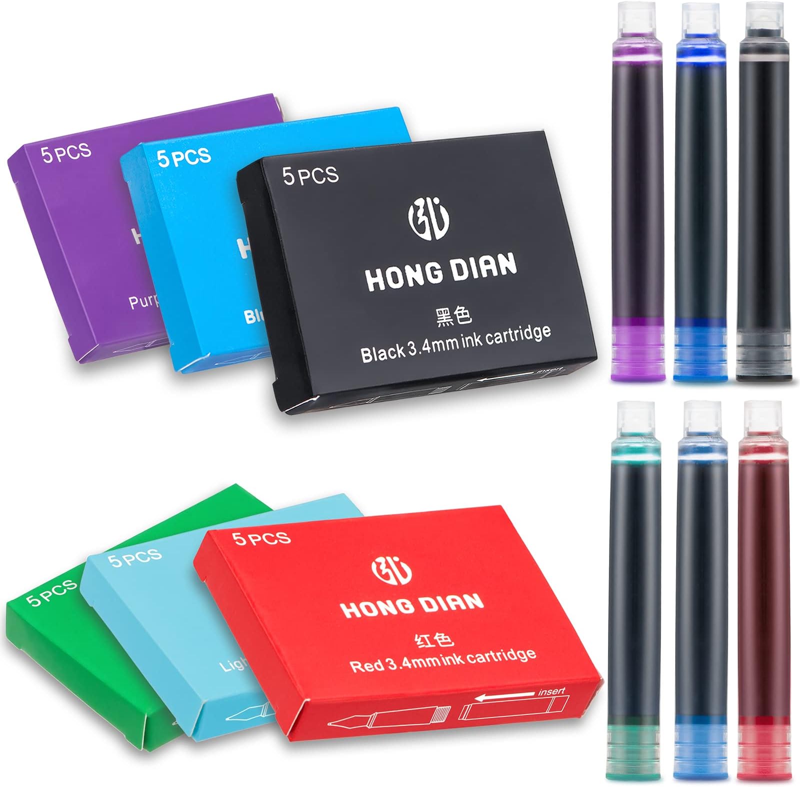 Asvine 30 PCS Hongdian Fountain Pen Ink Cartridges 6 Colors Set (Black, Blue, Green, Red, Purple, Light Blue), 3.4mm Bore Diameter