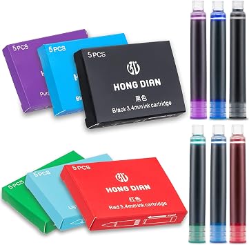 Asvine 30 PCS Hongdian Fountain Pen Ink Cartridges 6 Colors Set Black, Blue, Green, Red, Purple, Light Blue, 3.4mm Bore Diameter