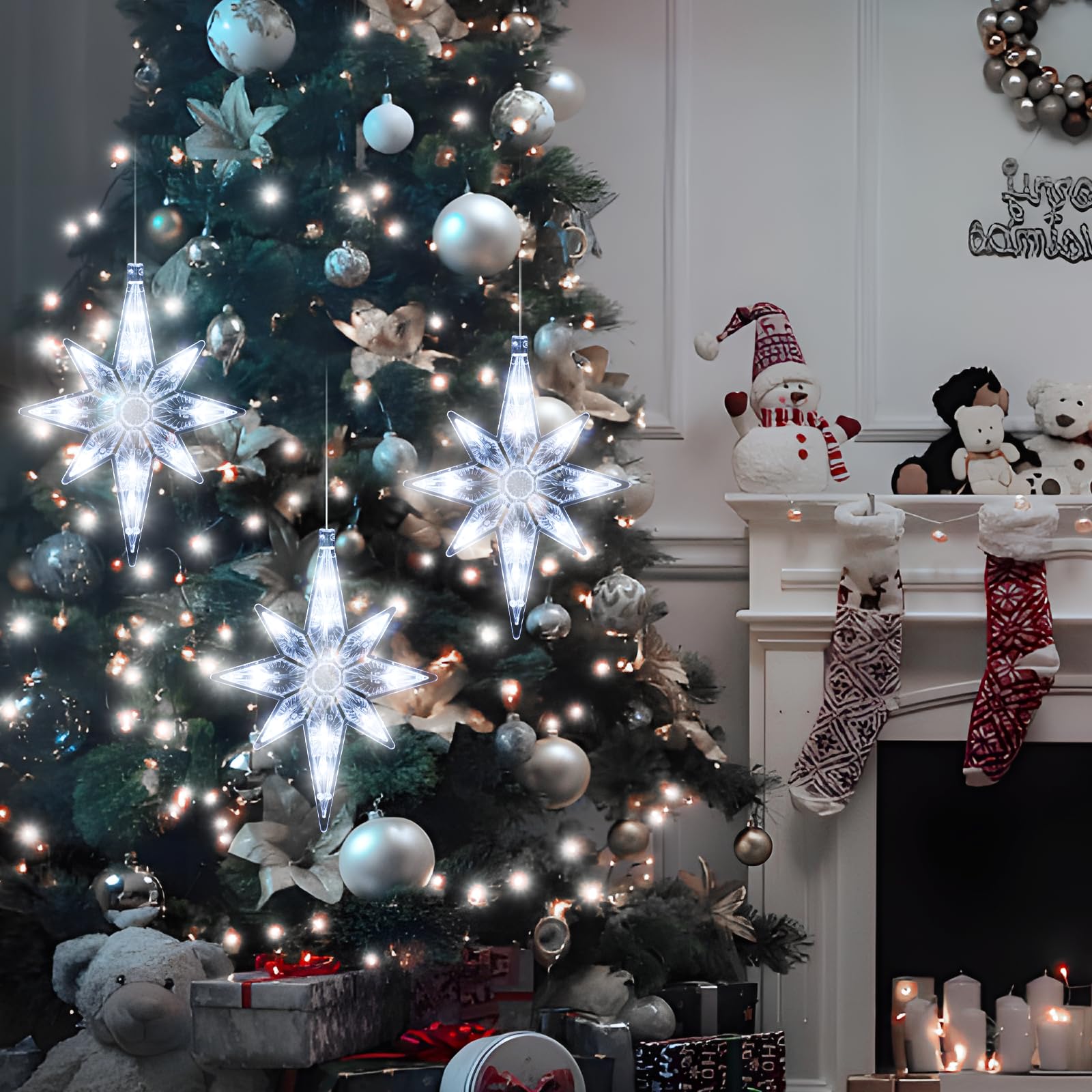 LYUBASA 3 luces de Navidad para ventana con temporizador, funciona con pilas, para colgar en la ventana de Navidad, luz blanca, lámpara LED en forma de estrella de la suerte para árbol de Navidad,