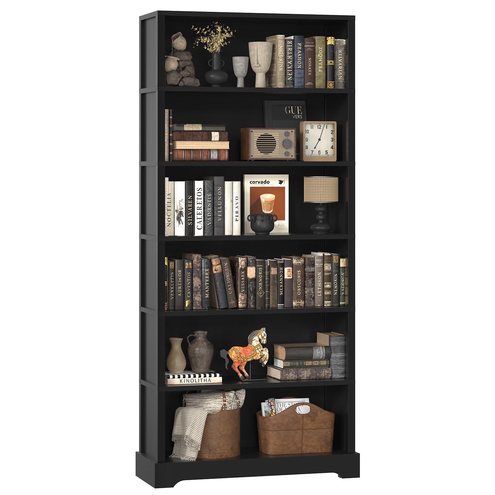 TVU 6 Tiers Wooden Bookshelf, 77.2" Tall Farmhouse Style Open Bookcase, 31.5" Wide Standing Book Shelf with Storage for Study Room, Living Room, Black