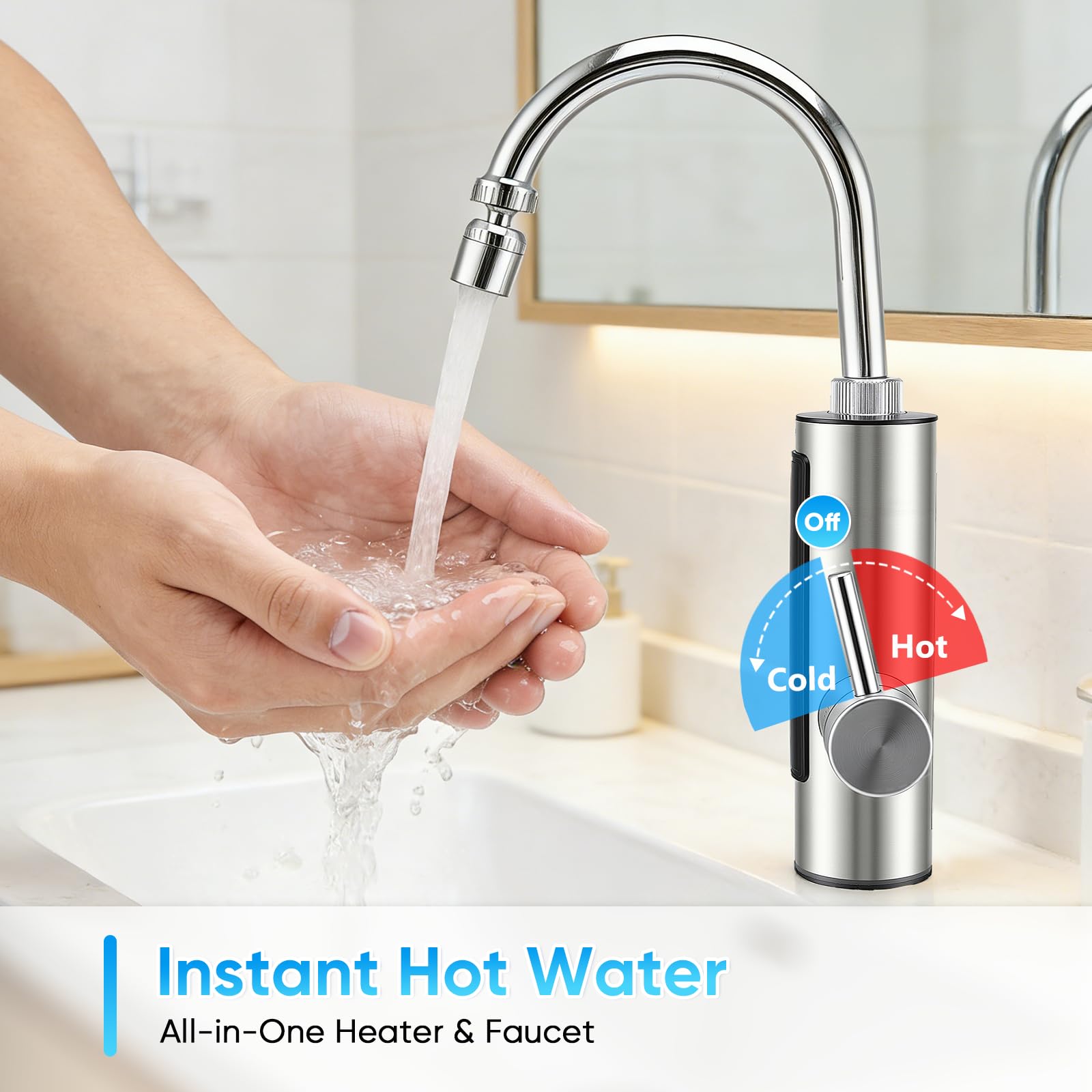 Robinet électrique 3,4 kW avec chauffe-eau instantané pour cuisine - Robinet d'eau chaude avec écran numérique (30-50 °C) - Bec pivotant à 360° et double jet - Eau chaude instantanée pour évier - 220