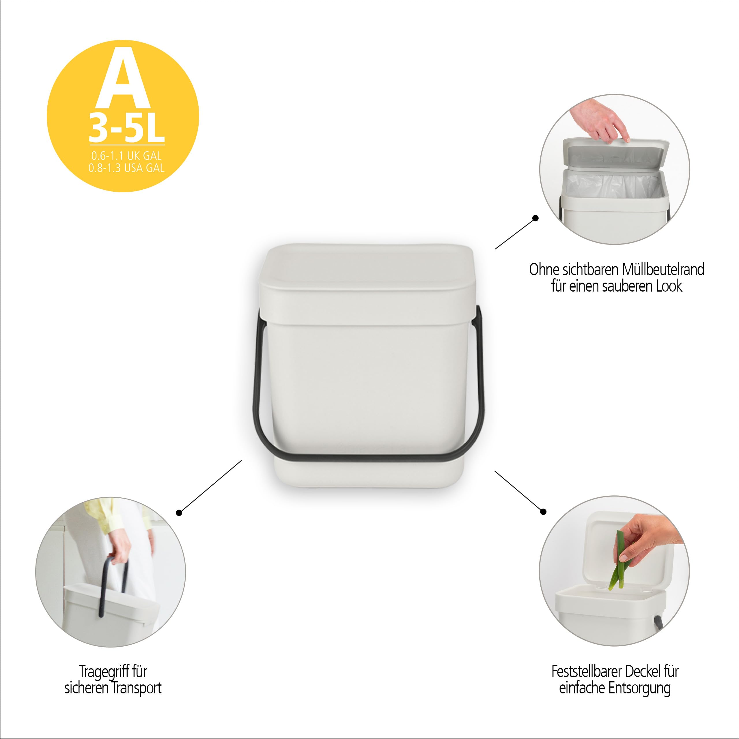 Brabantia Sort & Go Abfalleimer mit Deckel (hellgrau) 3 L – Bild 3