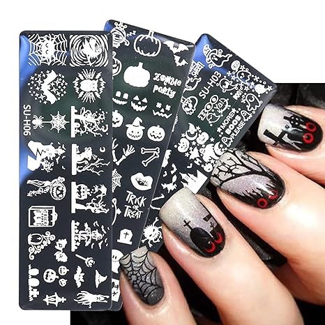 Halloween Nail Stamper Kit: 6 Pcs Stamp Template Plates with 1 Stamper, 1 Scraper - Horror, Ghost, Pumpkin, Skull, Bone Images - DIY Nail Art Set
