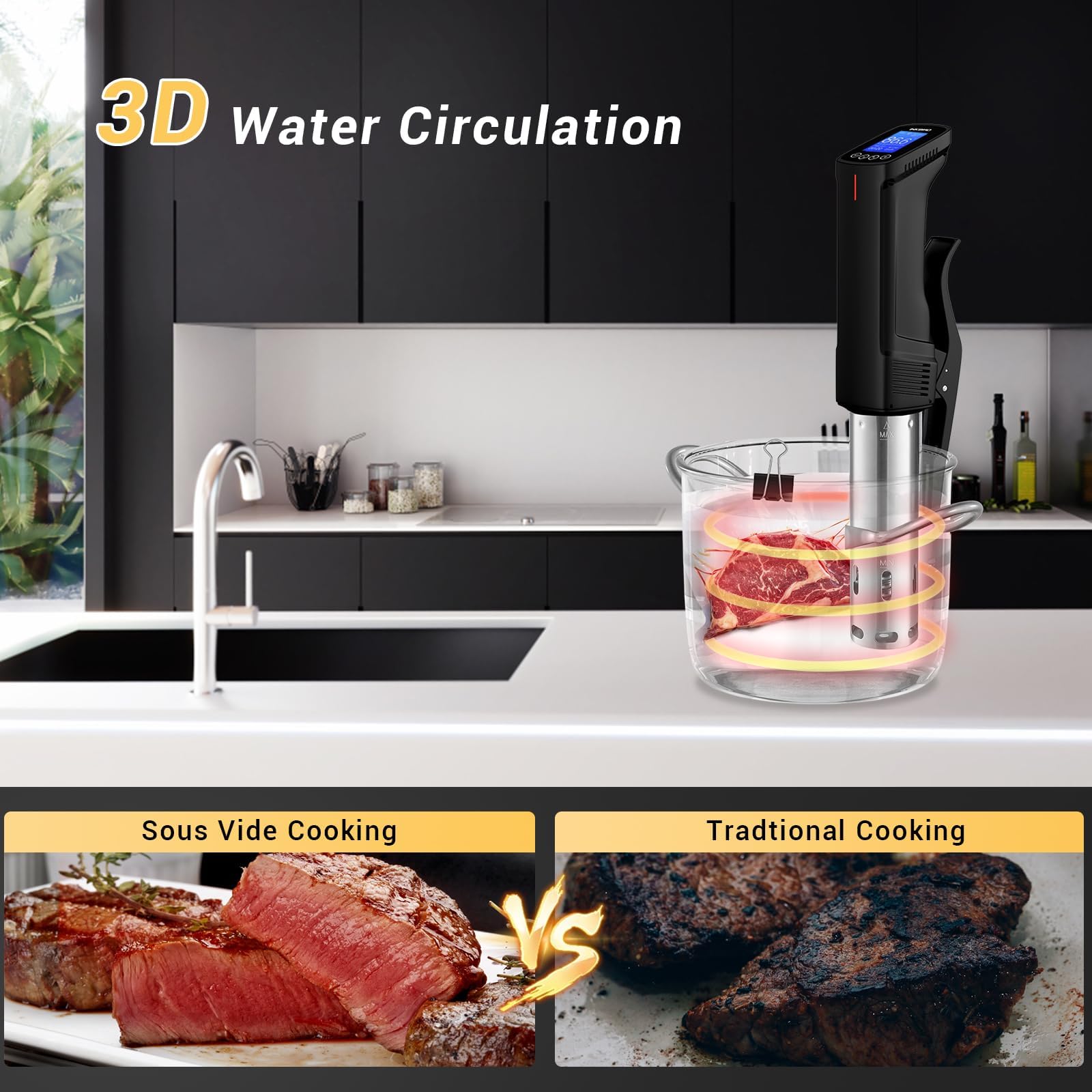 NKBIRD WIFI Sous Vide Cooker ISV-100W, 1000 Watts Fast-Heating W/Free APP | Sous Vide Machine Immersion Circulator w/ 14 Free Preset Recipes , Thermal Immersion w/ Smart Timer, Calibration Function