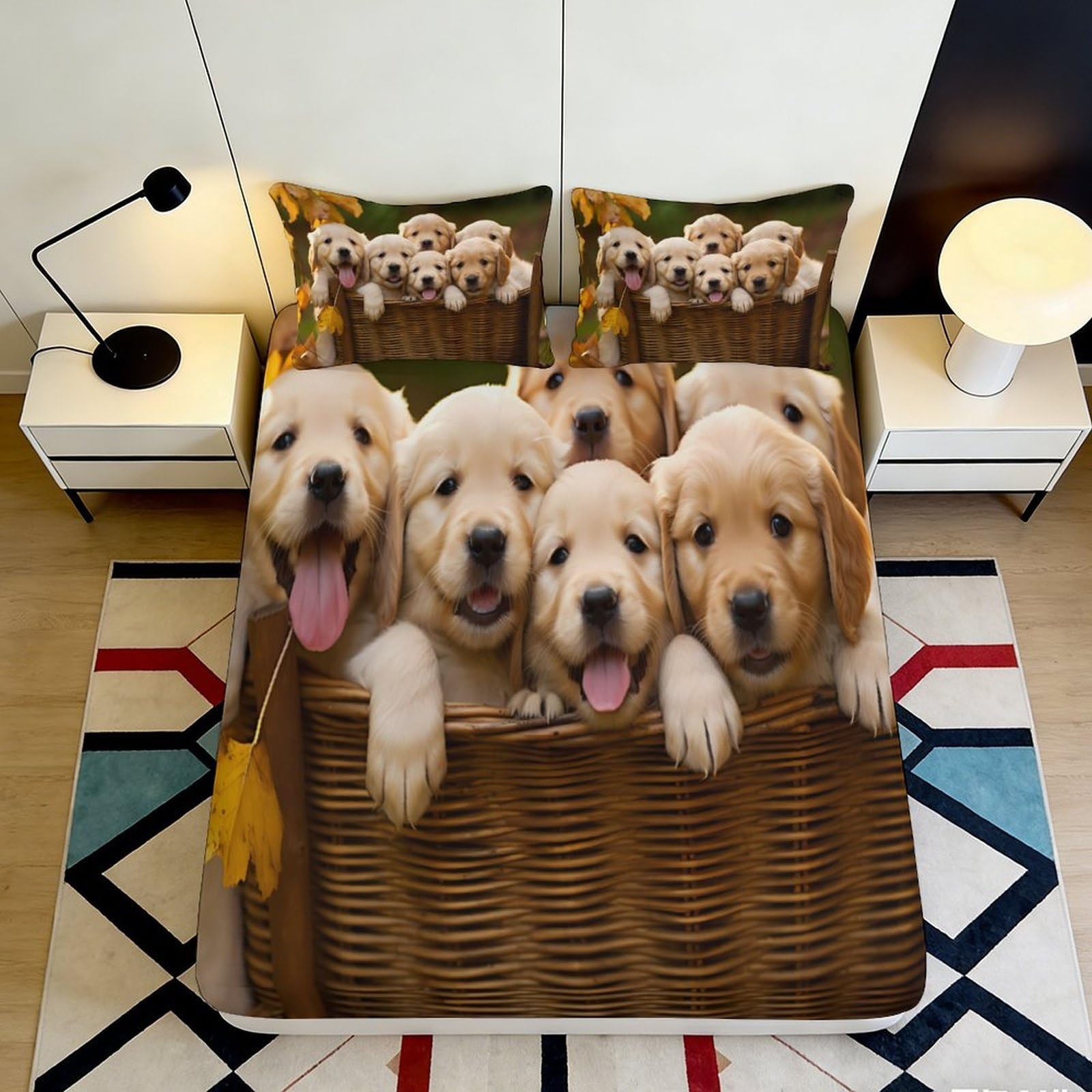 3D Printed Golden Retriever Puppy Fitted Sheet Microfiber Soft Non-Slip Bed Cover for Bedroom Dorm Guest Room Decor 90x200x25cm