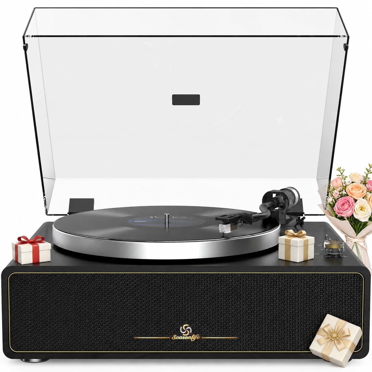 Seasonlife® All-in-One Record Player with 4 Speakers & Bluetooth, Black | High-Fidelity Belt-Driven, AT3600L Magnetic Cartridge, 4 Built-in Stereo Speakers, Bluetooth Input, AUX In,RCA Phono/Line Out