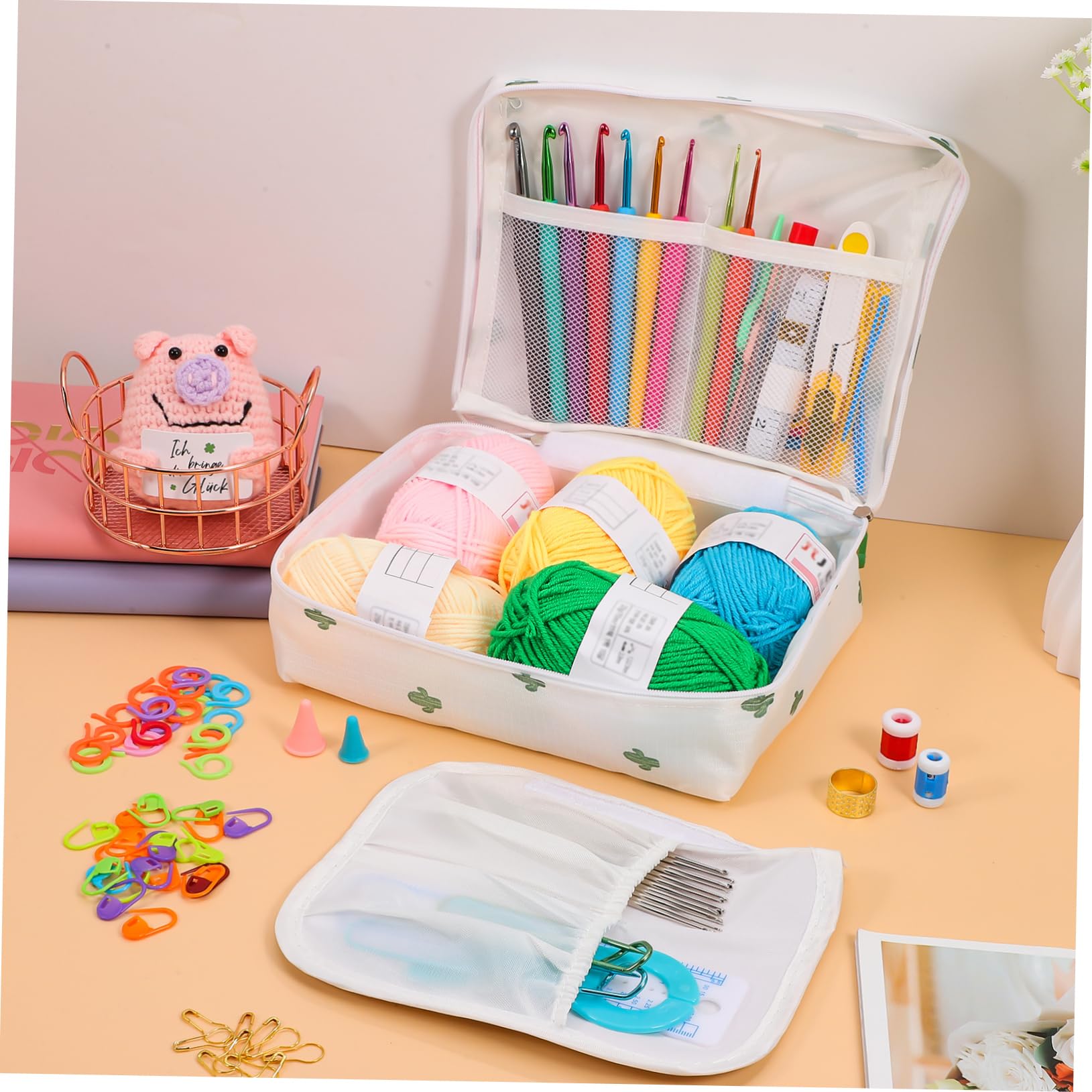 HOMSFOU Kit per Uncinetto Principianti Completo con Accessori in Plastico, Filati e Strumenti di Misurazione, Borsa per Trasporto per Crafting On-the-go