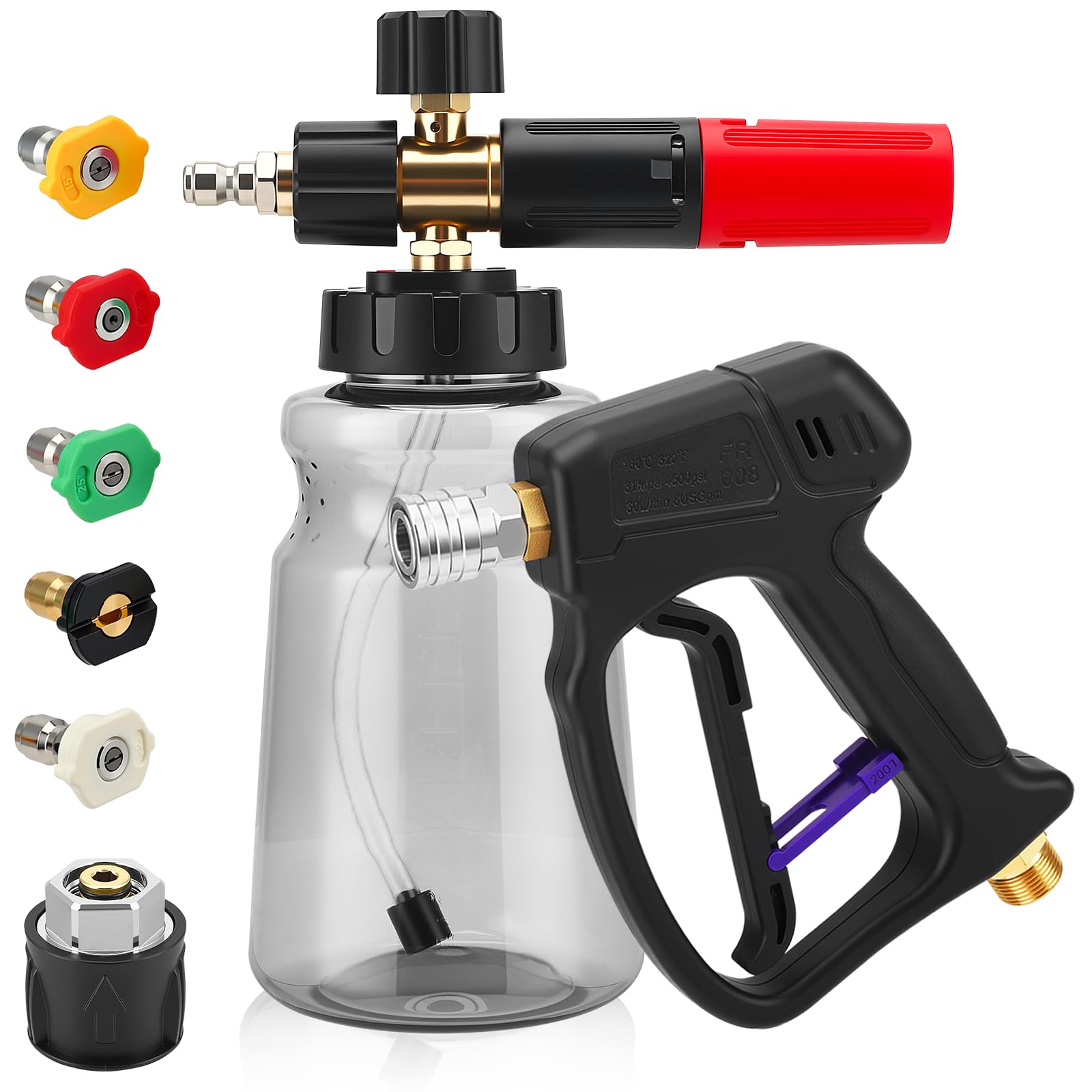 Pistola per idropulitrice ad alta pressione, 5200 psi, per lavaggio auto, con pistola per schiuma, con 5 ugelli a spruzzo, per la pulizia di Kärcher, interfaccia da 1 litro da 1/4"