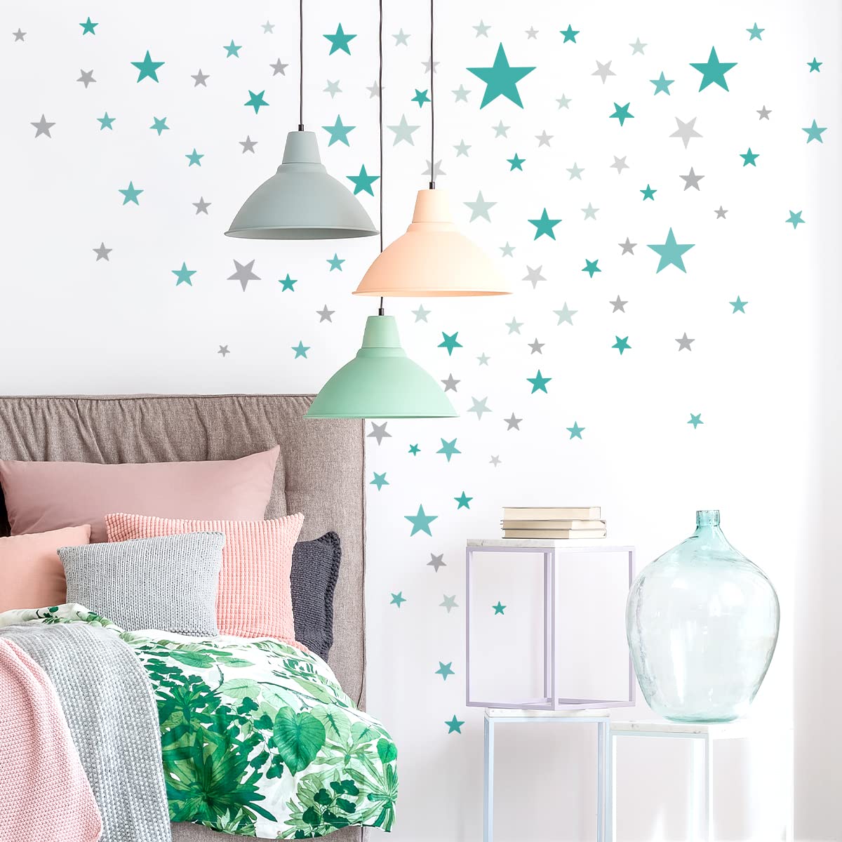 WandSticker4U®- [6 fogli, 148 pezzi] Adesivi murali bellissimicon STELLE verde/turchese pastello, Adesivi stelle cameretta per mobili pareti decorativi I Decorazioni camera da letto bambini neonato