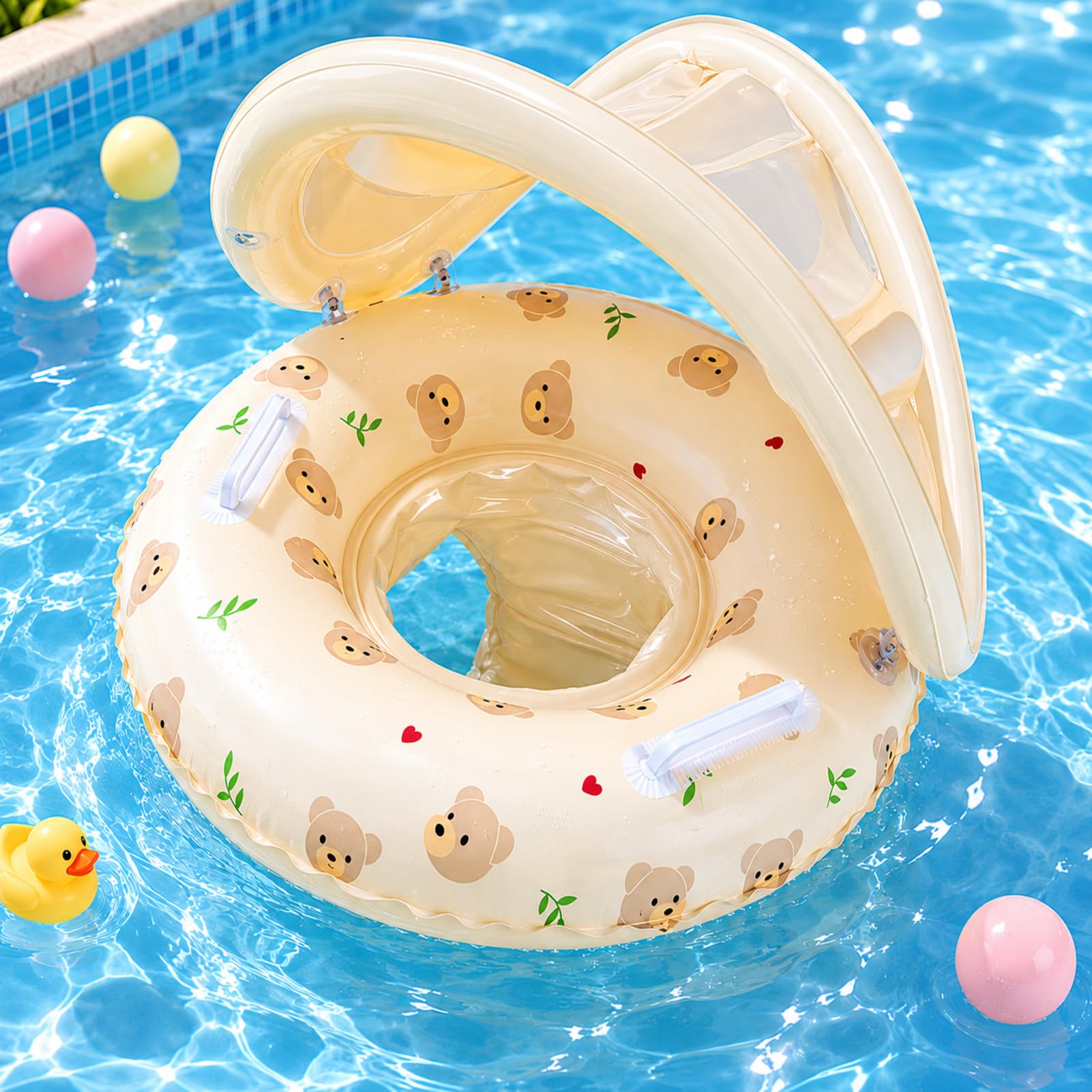 Babys Swimming Float, Babys Pool Float with Canopy, Removable Sunshade Inflatable B-aby Floats Swimming Ring, UV Protection Adjustable Kids Safety Seat Water Floats Swim Ring, for 0-4 Years Old Kids