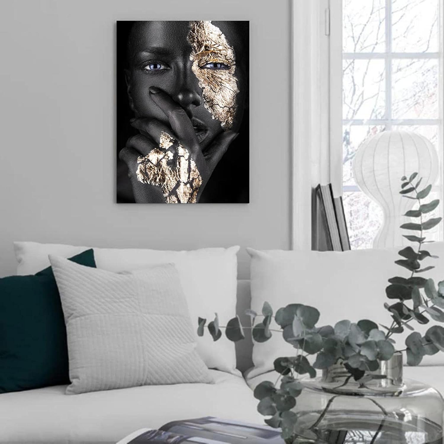 16”x24 Black Woman Wall Art African American Wall Art Canvas Framed Black and Gold Women Portrait Canvas Print Artwork Black Art Wall Decor African Decorations for Living Room 16”x24”