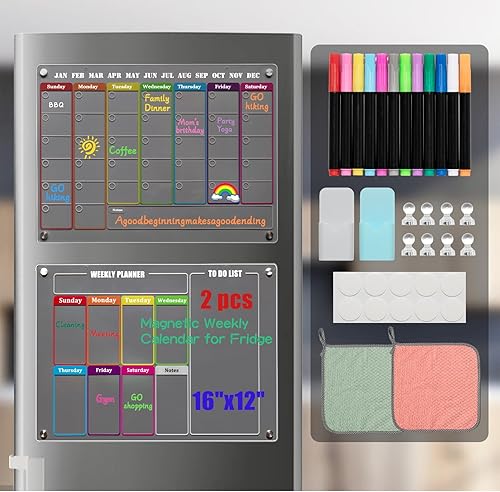 Calendario acrílico para nevera, paquete de 2 unidades, 16 x 12 pulgadas, calendario magnético transparente de borrado en seco, calendario mensual y disponible en Yaxa Venezuela