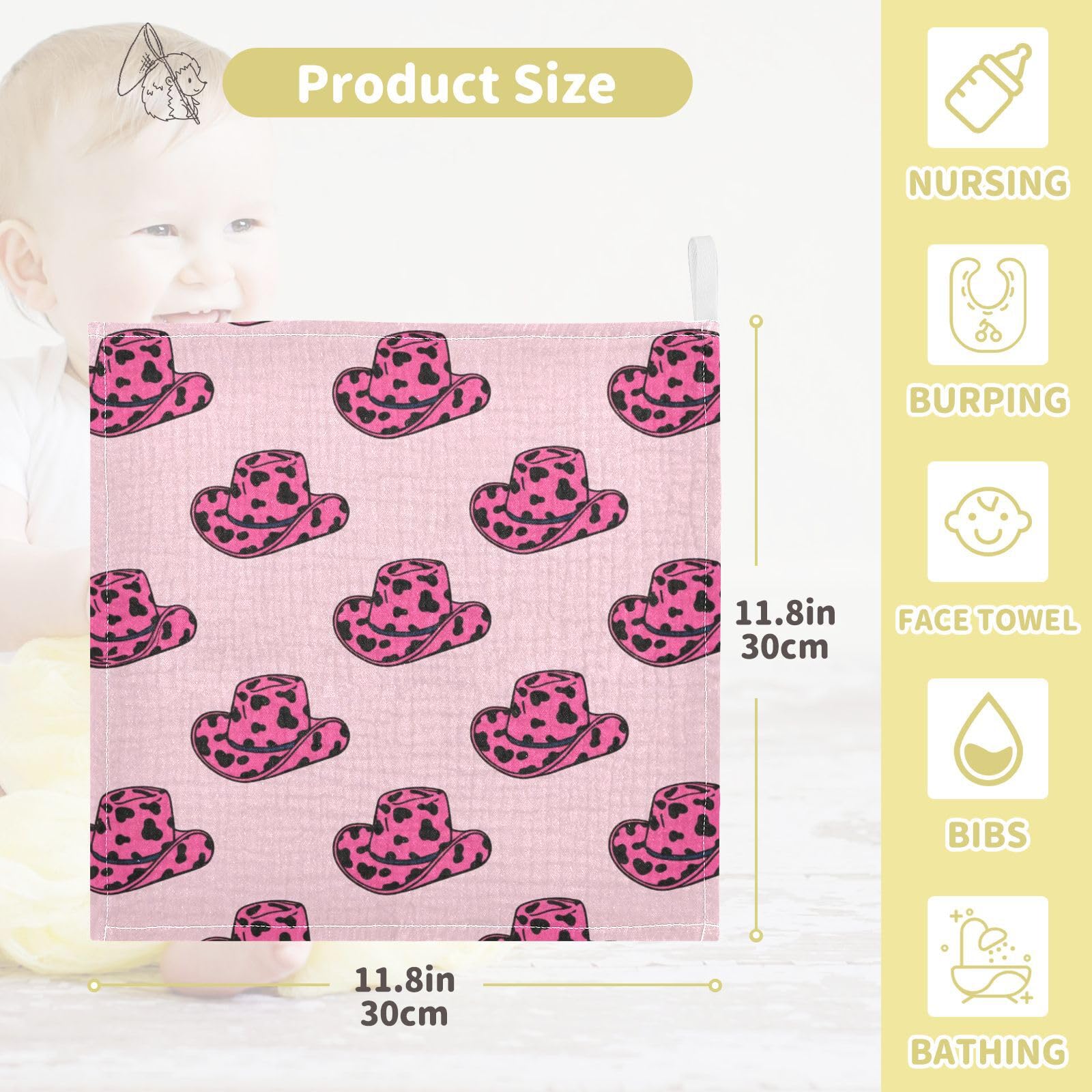 Nander 5Pack Baby Muslin Washcloths,Cow Cowboy Hat Soft Face Cloths for Newborn, Absorbent Bath Wash Cloths, Wipes, Burp Rag,Toddlers Essentials Stuff, Baby Registry as Shower