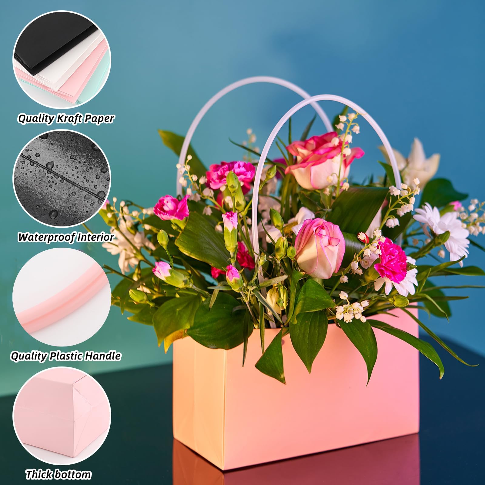 Confezione da 16 scatole regalo per fiori con manici, 22 x 10,5 cm, scatole per fiori per fioristi, scatole regalo per composizioni floreali nere bianche rosa blu per anniversario di matrimonio