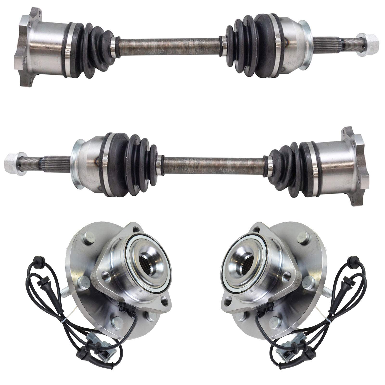 TRQ 4 Piece Front CV Axle Shafts & Wheel Hub Bearing Assembly Kit for