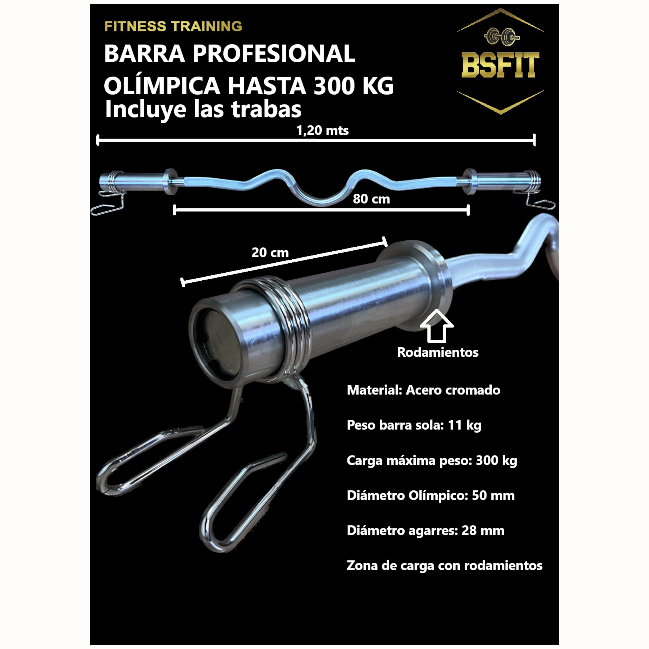 Barras Pesas de 20 kgs de 220 cms o las W 120 cm | carga de 700 Lbs | Compatible con Discos Bumper Profesionales | Barra Pesas Musculación, Press Banca, Halterofilia