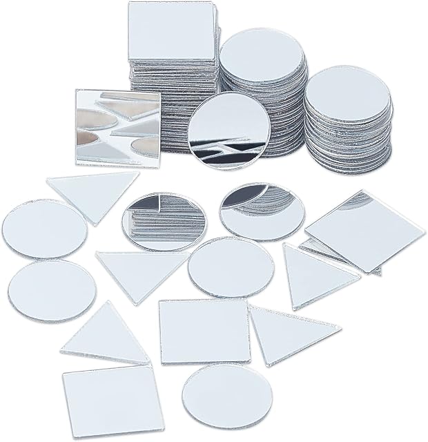 PandaHall Elite about 150pcs 3 Shapes Craft Mirrors Tiles Glass Mirror Mosaic Tiles Self Adhesive Mirror Wall Stickers for Crafts Making Home Decoration (Triangle, Square, Flat Round)