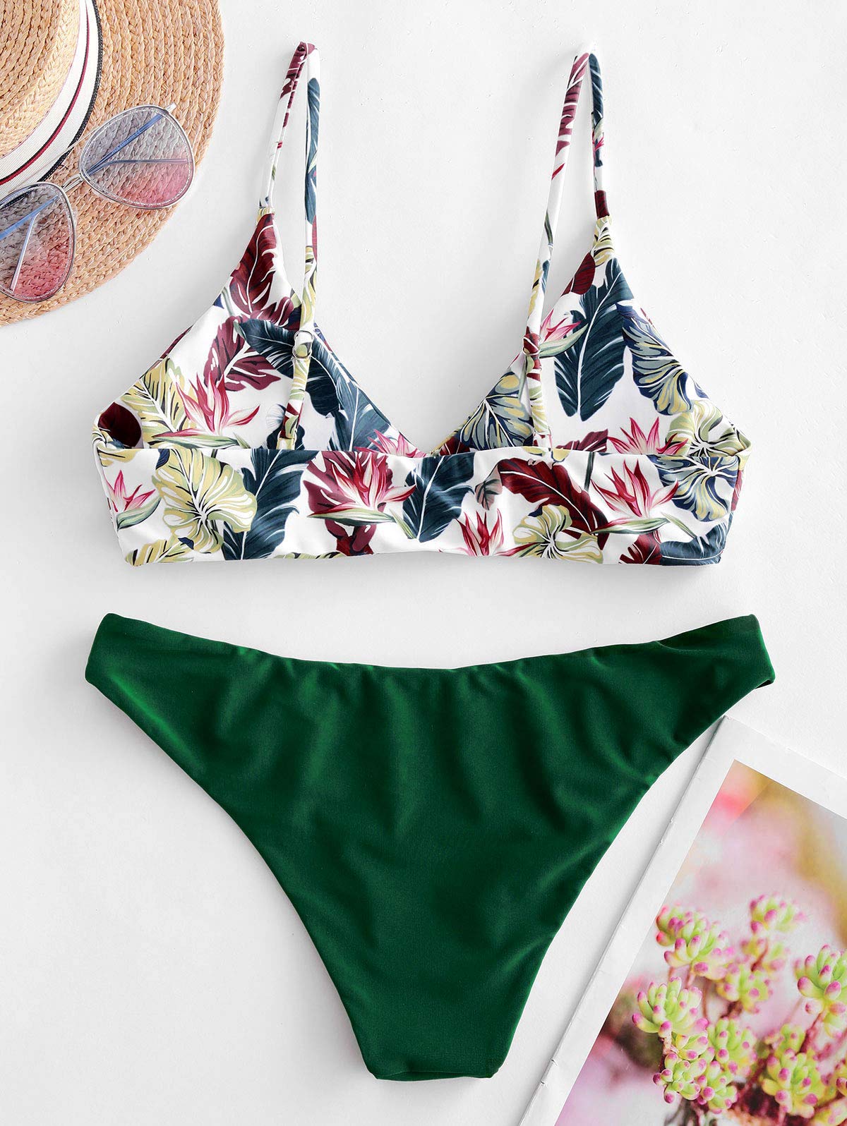 ZAFUL Gepolsterte Bikini Set, Push Up Badeanzug mit tropischem Blattmuster Hoher Bund Spaghettiträger Bademode Sommer