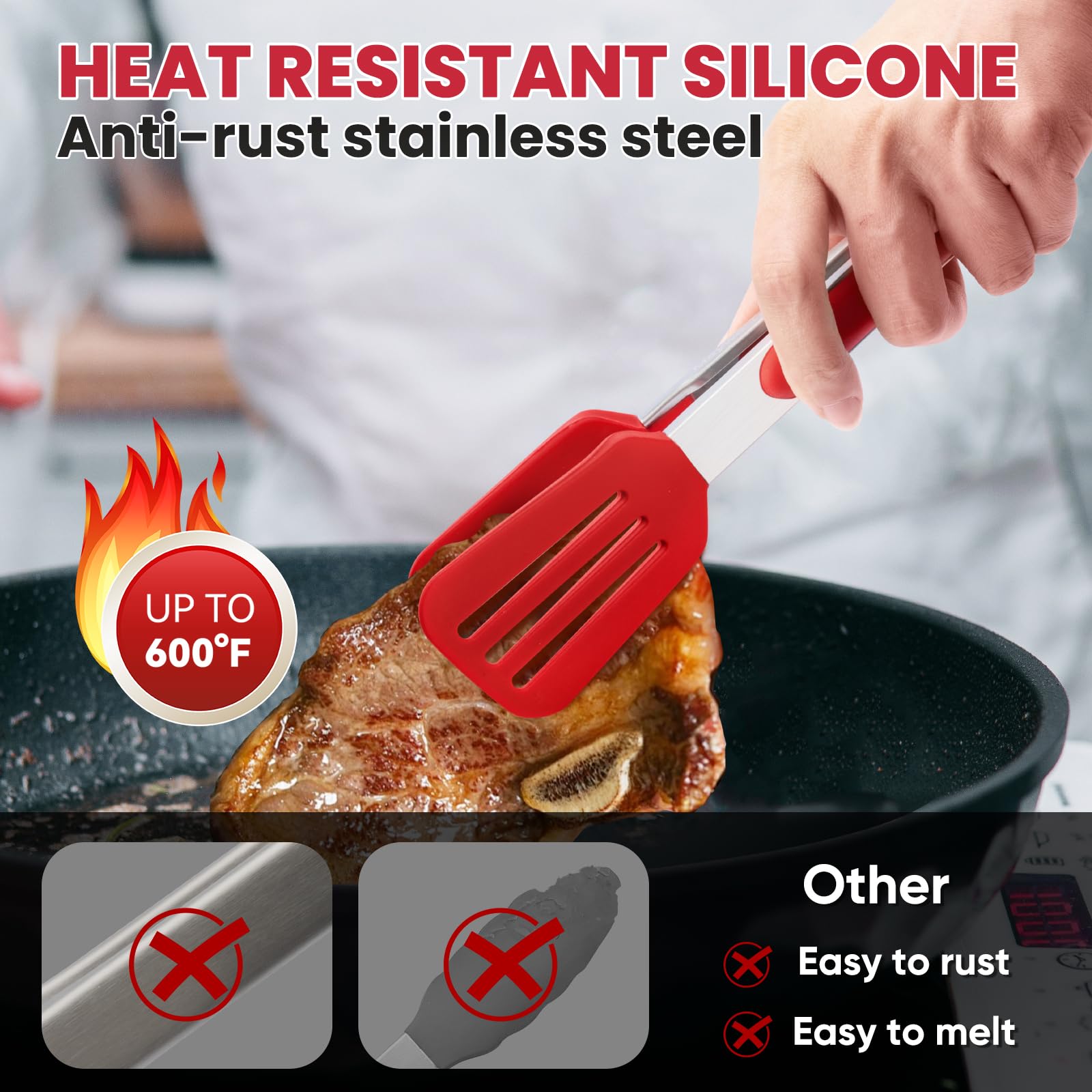 Paquete de 3 pinzas de silicona para cocinar, pinzas de cocina de 9 pulgadas con puntas de silicona, pinzas antiadherentes de acero inoxidable para bistec, pizza, pasta, espaguetis,