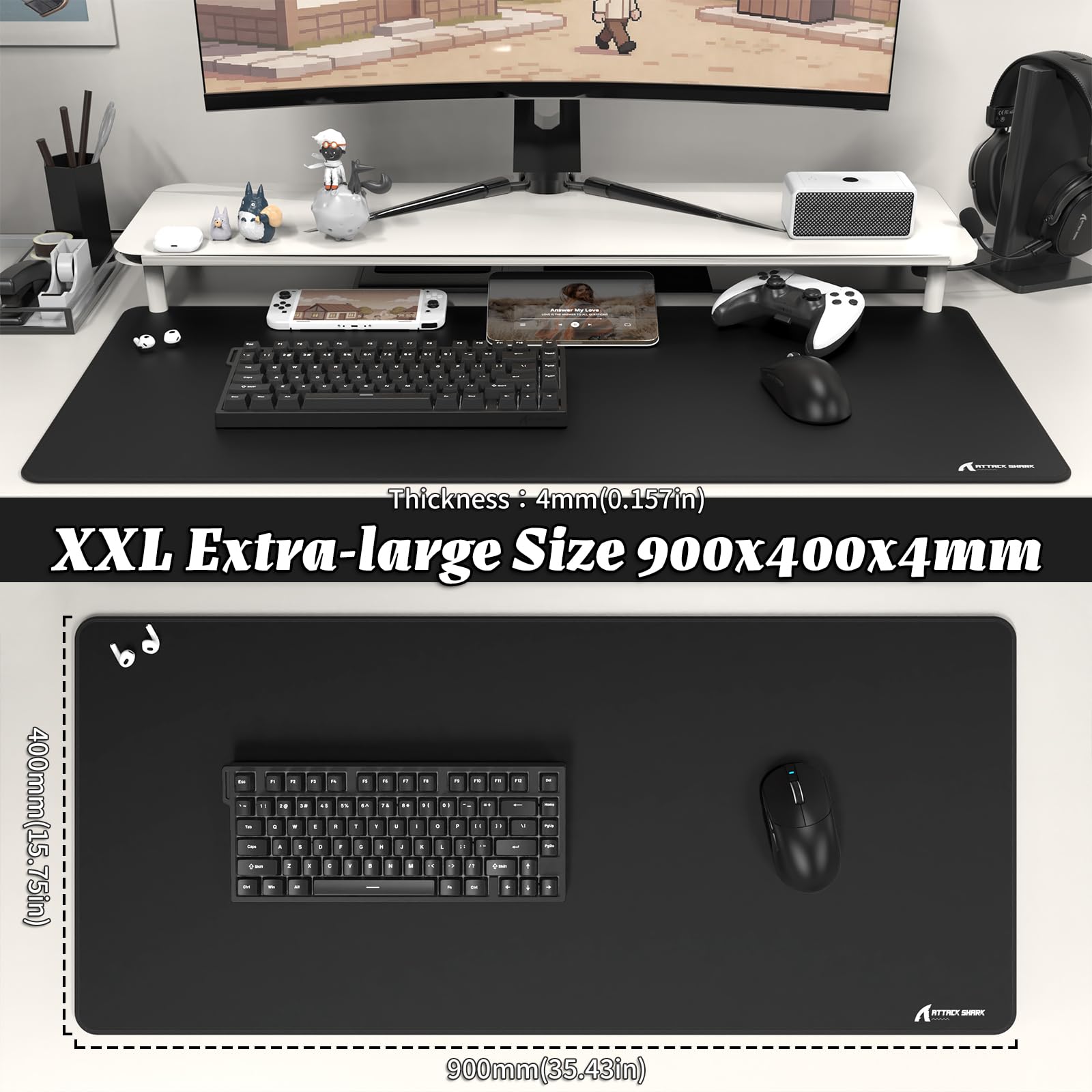 ATTACK SHARK CM02PRO E-Sport-Gaming-Mauspad, strapazierfähiges, großformatiges Mauspad mit wasserabweisender Beschichtung, Rutschfester Unterseite und vernähten Kanten, 900 x 400 x 4 mm,schwarz