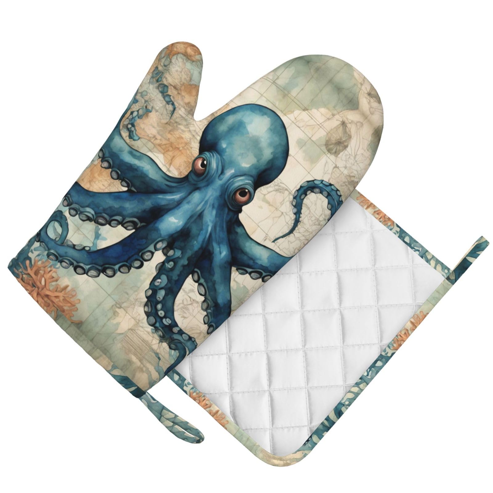 VunKo Under Sea Octopus Oven Mitts and Pot Holders Sets Heat Resistant Oven Gloves with Non-Slip Surface for Safe BBQ Cooking Baking Grilling Set of 2