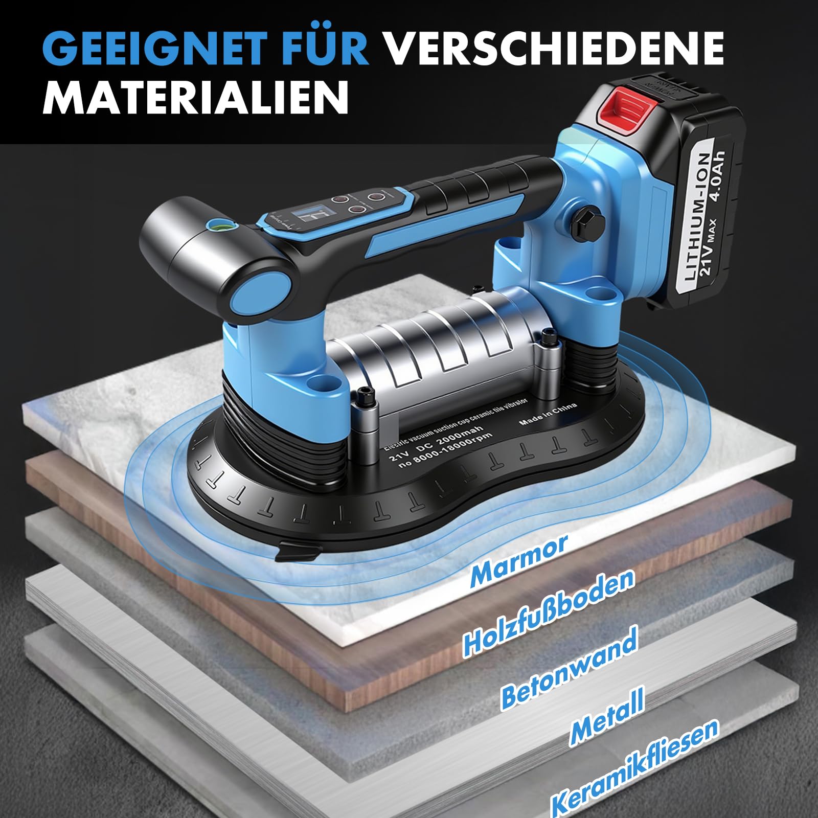 Akku Saugheber FliesenrüTtler, 2 In 1 Glassauger Akku Fliesen VibrationsgeräT Mit 25x15cm Saugnapf 200kg Saugkraft, 9 Gang Digital Elektrischer Plattenheber Vakuumheber FüR Fliesen, Glas, Marmor