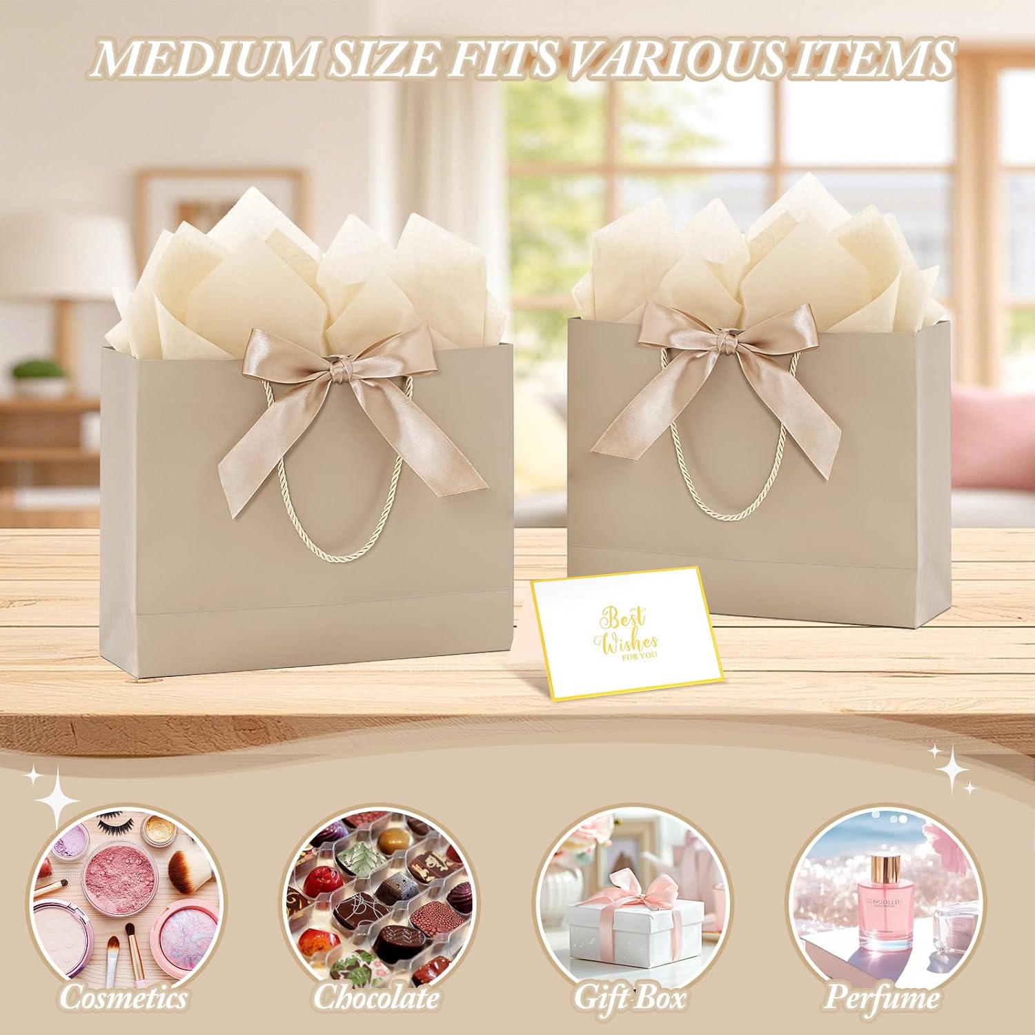 Addblu 12 Pack Large Gift Bags with Handles & Tissue Papers, 12.6×10×4 Inches Thank You Gift Bags with Cards for Mother’s Day, Birthday, Baby Shower, Wedding & Bridesmaids (Champagne Gift Bag, 12 PCS)