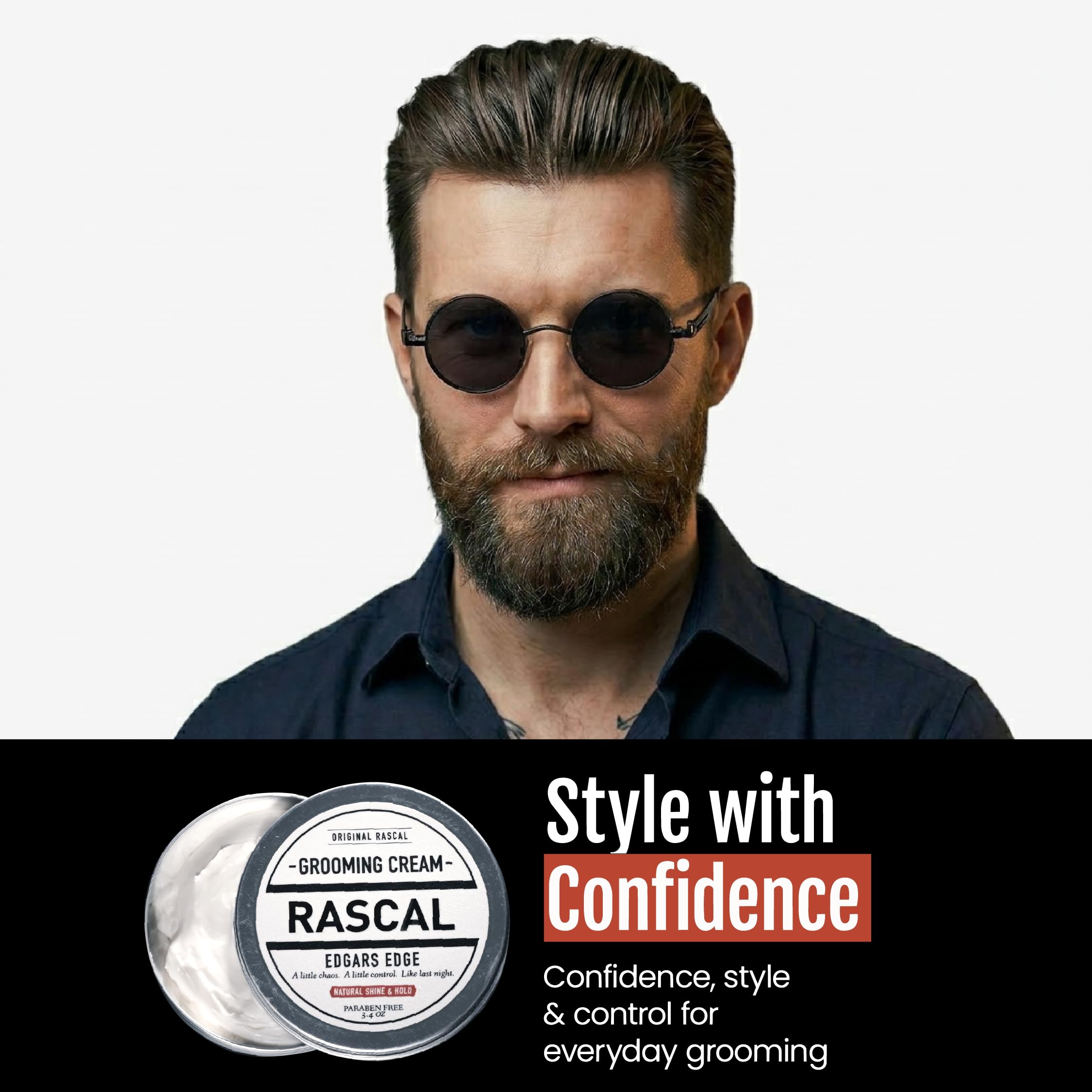 Rascal Original Edgar's Edge Grooming Cream for Men, Medium Hold, Natural Shine, 3.4 Oz