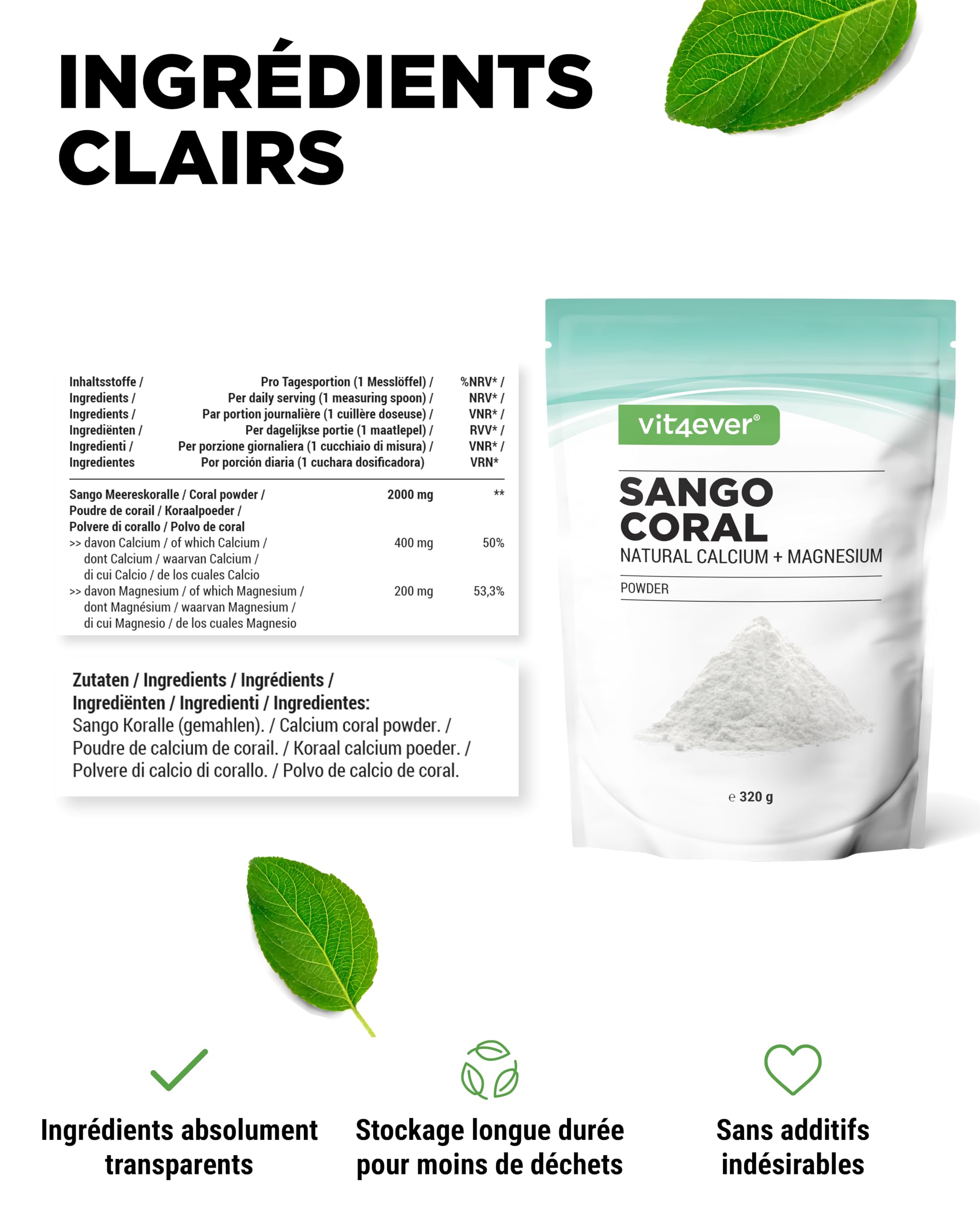Corail Sango - 320 g de poudre - Source naturelle de calcium (20%) & de magnésium (10%) dans un rapport de 2:1 propre à l'organisme - Sans additif