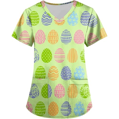 Easter Scrub Tops Women, Plus Size Scrub Tops Easter Stretchy Short Sleeve Nurse Tshirts Pockets 03-Green XL