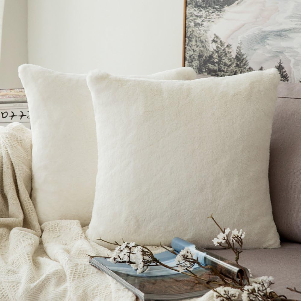 MIULEE Pack of 2 Decorative Christmas Throw Pillow Covers Luxury Soft Faux Rabbit Fur Warm Gifts Square Cushion Cases for Sofa Bedroom Living Room 20 x 20 Inch White