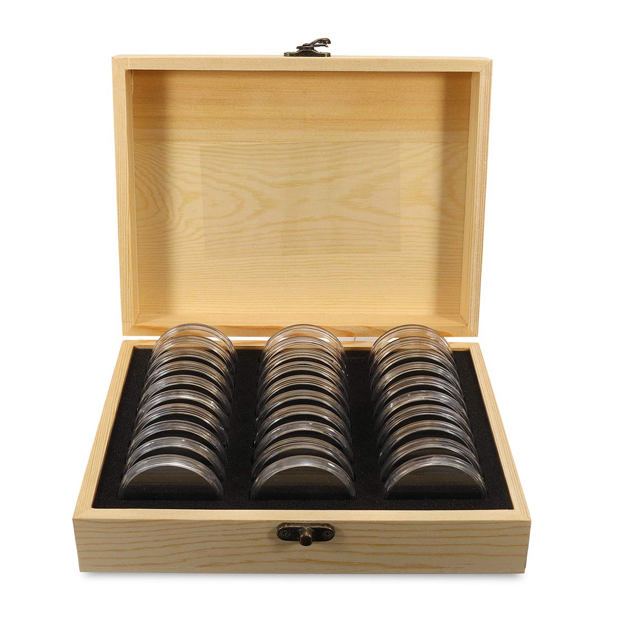 CCChaRLes Caja De Madera Del Soporte De La Pantalla De La Moneda Con 30Pcs 51.5Mm Redondo Losa Certificadas Cápsulas