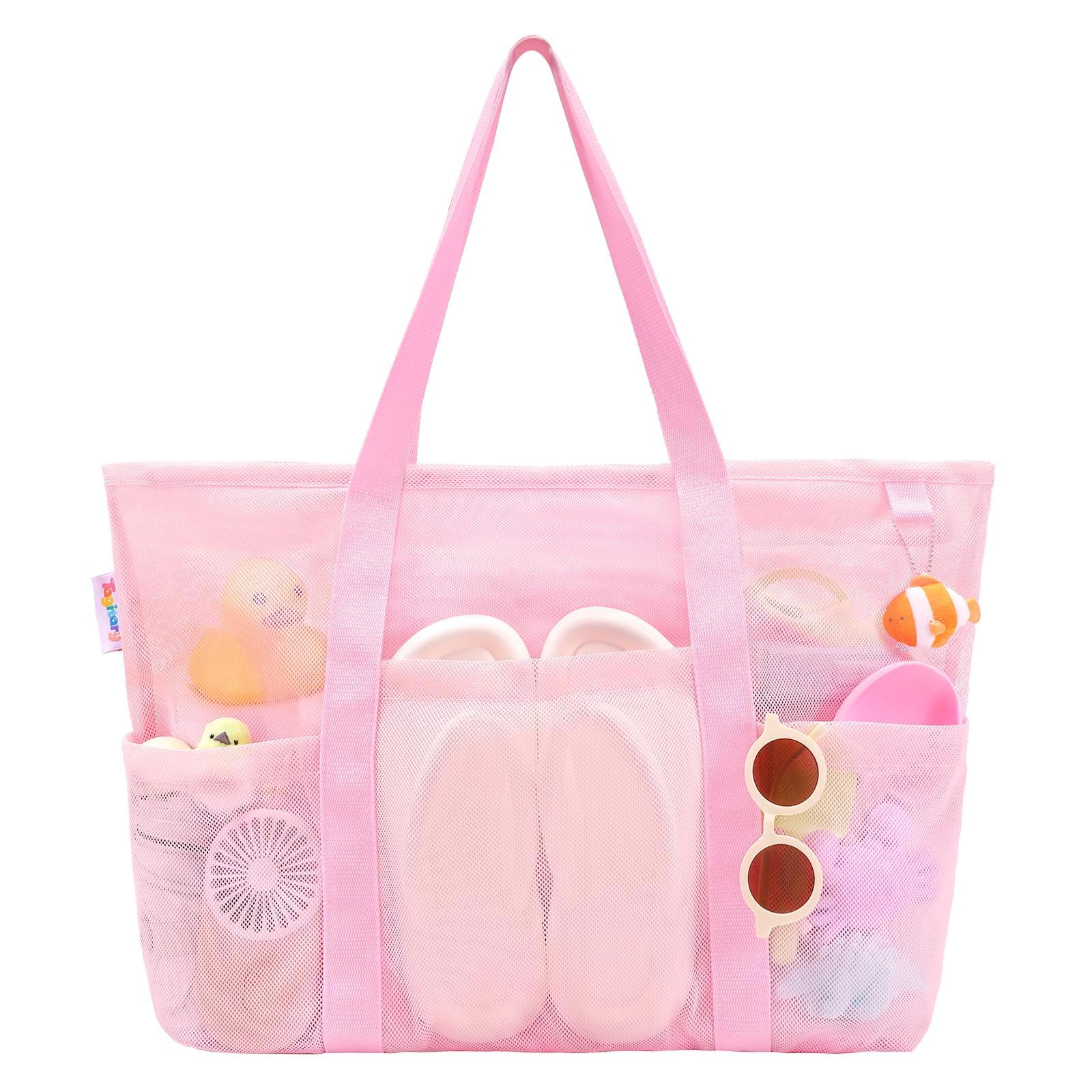 Stylish Pink Mesh Beach Bag with Zipper, 8 Pockets Large Capacity Waterproof Sandproof Tote Bag, Woven Basket Bag for Women-image-13