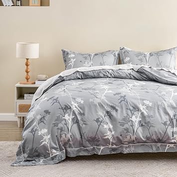 Simple&Opulence 100% Cotton Duvet Cover Set Queen Size, 3Pcs Grey Floral Botanical Printed Comforter Cover Set with Button Closure, Soft Breathable Bedding with Linen Trim for All Seasons