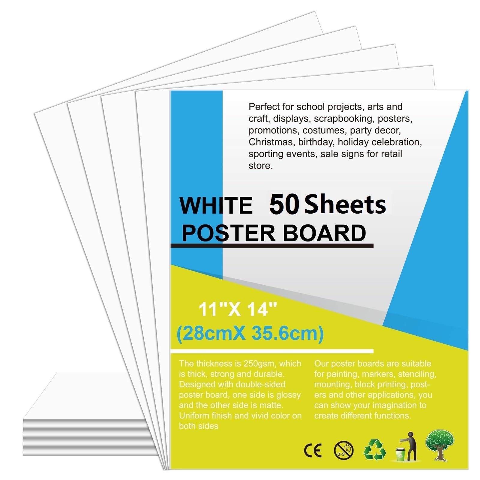 50 Pcs Poster Board 11" x 14" White Paper Bulk, ROOKEA 250GSM Vision Boards Poster Paper for School Arts Craft Projects Drawing Display Office Vision Supplies
